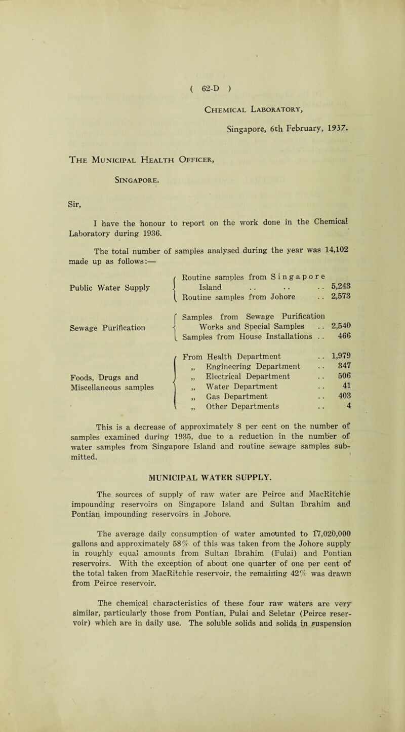 Chemical Laboratory, Singapore, 6th February, 1937. The Municipal Health Officer, Singapore. Sir, I have the honour to report on the work done in the Chemical Laboratory during 1936. The total number of samples analysed during the year was 14,102 made up as follows:— Public Water Supply Sewage Purification ■ Routine samples from Singapore Island . . . • • • 5,243 Routine samples from Johore . . 2,573 Samples from Sewage Purification Works and Special Samples .. 2,540 Samples from House Installations . . 466 Foods, Drugs and Miscellaneous samples / From Health Department „ Engineering Department „ Electrical Department „ Water Department „ Gas Department „ „ Other Departments 1,979 347 506 41 403 4 This is a decrease of approximately 8 per cent on the number of samples examined during 1935, due to a reduction in the number of water samples from Singapore Island and routine sewage samples sub¬ mitted. MUNICIPAL WATER SUPPLY. The sources of supply of raw water are Peirce and MacRitchie impounding reservoirs on Singapore Island and Sultan Ibrahim and Pontian impounding reservoirs in Johore. The average daily consumption of water amounted to 17,020,000 gallons and approximately 58% of this was taken from the Johore supply in roughly equal amounts from Sultan Ibrahim (Pulai) and Pontian reservoirs. With the exception of about one quarter of one per cent of the total taken from MacRitchie reservoir, the remaining 42% was drawn from Peirce reservoir. The chemical characteristics of these four raw waters are very similar, particularly those from Pontian, Pulai and Seletar (Peirce reser¬ voir) which are in daily use. The soluble solids and solids in suspension