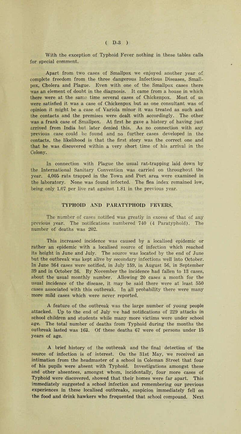 With the exception of Typhoid Fever nothing in these tables calls for special comment. Apart from two cases of Smallpox we enjoyed another year of complete freedom from the three dangerous Infectious Diseases, Small¬ pox, Cholera and Plague. Even with one of the Smallpox cases there was an element of doubt in the diagnosis. It came from a house in which there were at the same time several cases of Chickenpox. Most of us were satisfied it was a case of Chickenpox but as one consultant was of opinion it might be a case of Variola minor it was treated as such and the contacts and the premises were dealt with accordingly. The other was a frank case of Smallpox. At first he gave a history of having just arrived from India but later denied this. As no connection with any previous case could be found and no further cases developed in the contacts, the likelihood is that the first story was the correct one and that he was discovered within a very short time of his arrival in the Colony. In connection with Plague the usual rat-trapping laid down by the International Sanitary Convention was carried on throughout the year. 4,005 rats trapped in the Town and Port area were examined in the laboratory. None was found infected. The flea index remained low, being only 1.07 per live rat against 1.81 in the previous year. TYPHOID AND PARATYPHOID FEVERS. The number of cases notified was greatly in excess of that of any previous year. The notifications numbered 740 (4 Paratyphoid). The number of deaths was 202. This increased incidence was caused by a localised epidemic or rather an epidemic with a localised source of infection which reached its height in June and July. The source was located by the end of June but the outbreak was kept alive by secondary infections well into October. In June 364 cases were notified, in July 159, in August 56, in September 39 and in October 36. By November the incidence had fallen to 13 cases, about the usual monthly number. Allowing 20 cases a month for the usual incidence of the disease, it may be said there were at least 550 cases associated with this outbreak. In all probability there were many more mild cases which were never reported. A feature of the outbreak was the large number of young people attacked. Up to the end of July we had notifications of 229 attacks in school children and students while many more victims were under school age. The total number of deaths from Typhoid during the months the outbreak lasted was 163. Of these deaths 67 were of persons under 15 years of age. A brief history of the outbreak and the final detection of the source of infection is of interest. On the 31st May, we received an intimation from the headmaster of a school in Coleman Street that four of his pupils were absent with Typhoid. Investigations amongst these and other absentees, amongst whom, incidentally, four more cases of Typhoid were discovered, showed that their homes were far apart. This immediately suggested a school infection and remembering our previous experiences in these localised outbreaks, suspicion immediately fell on the food and drink hawkers who frequented that school compound. Next