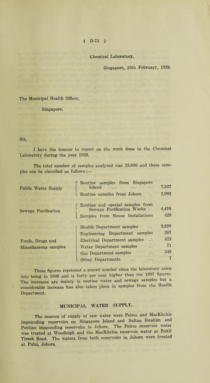Chemical Laboratory, Singapore, 10th February, 1939. The Municipal Health Officer, Singapore. Sir, I have the honour to report on the work done in the Chemical Laboratory during the year 1938. The total number of samples analysed wras 19,690 and these sam¬ ples can be classified as follows:— Public Water Supply Routine samples from Singapore Island .. • • • • 7,527 „ Routine samples from Johore . . 2,902 Sewage Purification f Routine and special samples from j Sewage Purification Works . . 4,476 [_ Samples from House Installations 428 Foods, Drugs and Miscellaneous samples ' Health Department samples Engineering Department samples Electrical Department samples Water Department samples Gas Department samples _ Other Departments 3,220 287 423 71 349 7 These figures represent a record number since the laboratory came into being in 1908 and is forty per cent higher than the 1937 figures. The increases are mainly in routine water and sewage samples but a considerable increase has also taken place in samples fiom the Health Department. MUNICIPAL WATER SUPPLY. The sources of supply of raw water were Peirce and MacRitchie impounding reservoirs on Singapore Island and Sultan Ibiahim and Pontian impounding reservoirs in Johore. The Peirce reservoir water was treated at Woodleigh and the MacRitchie reservoir water at Bukit Timah Road. The waters from both reservoirs in Johore were treated at Pulai, Johore.