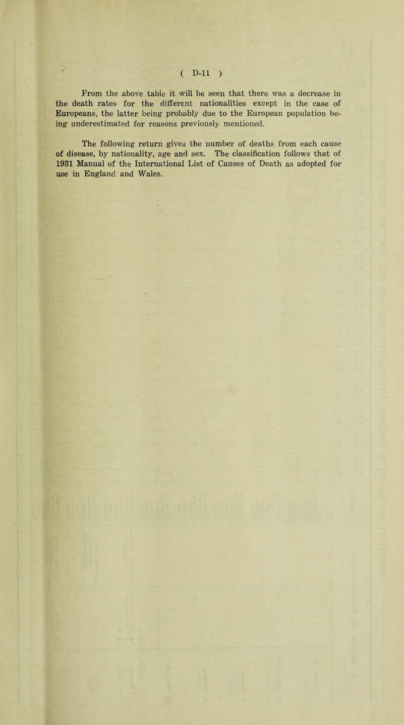 From the above table it will be seen that there was a decrease in the death rates for the different nationalities except in the case of Europeans, the latter being- probably due to the European population be¬ ing underestimated for reasons previously mentioned. The following return gives the number of deaths from each cause of disease, by nationality, age and sex. The classification follows that of 1931 Manual of the International List of Causes of Death as adopted for use in England and Wales.