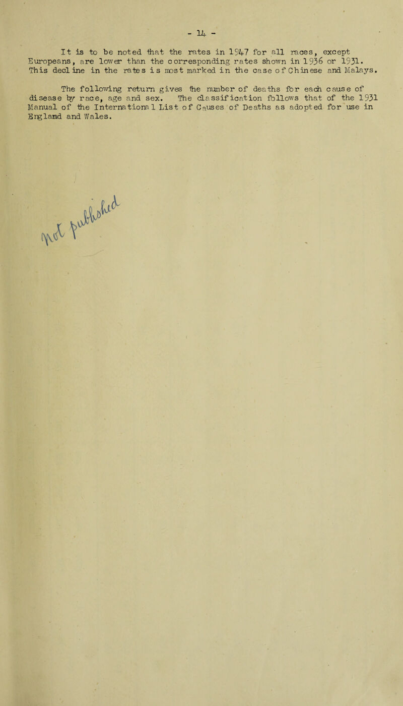 P£1 E-> It is to be noted -that the rates in 1947 for all races, except uropeans, are lower than the corresponding rates shown in 1936 or 1931* his decline in the rates is most marked in the case of Chinese and Malays. The following return gives ihe number of deaths for each cause of disease by race, age and sex. The classification follows that of the 1931 Manual of the International List of Causes of Deaths as adopted for use in England and Wales.