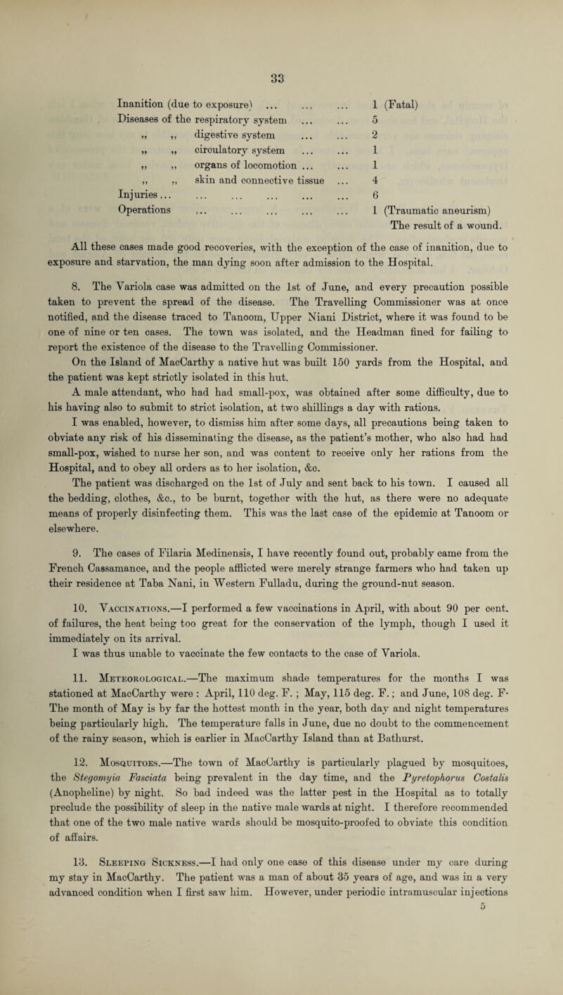 Inanition (due to exposure) Diseases of the respiratory system „ ,, digestive system „ „ circulatory system ,, ,, organs of locomotion ... ,, „ skin and connective tissue Injuries. Operations 1 (Fatal) 5 2 1 1 4 6 1 (Traumatic aneurism) The result of a wound. All these cases made good recoveries, with the exception of the case of inanition, due to exposure and starvation, the man dying soon after admission to the Hospital. 8. The Variola case was admitted on the 1st of June, and every precaution possible taken to prevent the spread of the disease. The Travelling Commissioner was at once notified, and the disease traced to Tanoom, Upper Niani District, where it was found to be one of nine or ten cases. The town was isolated, and the Headman fined for failing to report the existence of the disease to the Travelling Commissioner. On the Island of MacCarthy a native hut was built 150 yards from the Hospital, and the patient was kept strictly isolated in this hut. A male attendant, who had had small-pox, was obtained after some difficulty, due to his having also to submit to strict isolation, at two shillings a day with rations. I was enabled, however, to dismiss him after some days, all precautions being taken to obviate any risk of his disseminating the disease, as the patient’s mother, who also had had small-pox, wished to nurse her son, and was content to receive only her rations from the Hospital, and to obey all orders as to her isolation, &c. The patient was discharged on the 1st of July and sent back to his town. I caused all the bedding, clothes, &c., to he burnt, together with the hut, as there were no adequate means of properly disinfecting them. This was the last case of the epidemic at Tanoom or elsewhere. 9. The cases of Filaria Medinensis, I have recently found out, probably came from the French Cassamance, and the people afflicted were merely strange farmers who had taken up their residence at Taba Nani, in Western Fulladu, during the ground-nut season. 10. Vaccinations.—I performed a few vaccinations in April, with about 90 per cent, of failures, the heat being too great for the conservation of the lymph, though I used it immediately on its arrival. I was thus unable to vaccinate the few contacts to the case of Variola. 11. Meteorological.—The maximum shade temperatures for the months I was stationed at MacCarthy were : April, 110 deg. F. ; May, 115 deg. F.; and June, 108 deg. F* The month of May is by far the hottest month in the year, both day and night temperatures being particularly high. The temperature falls in June, due no doubt to the commencement of the rainy season, which is earlier in MacCarthy Island than at Bathurst. 12. Mosquitoes.—The town of MacCarthy is particularly plagued by mosquitoes, the Stegomyia Fasciata being prevalent in the day time, and the Pyretophorus Costalis (Anopheline) by night. So had indeed was the latter pest in the Hospital as to totally preclude the possibility of sleep in the native male wards at night. I therefore recommended that one of the two male native wards should he mosquito-proofed to obviate this condition of affairs. 13. Sleeping Sickness.—I had only one case of this disease under my care during my stay in MacCarthy. The patient was a man of about 35 years of age, and was in a very advanced condition when I first saw him. However, under periodic intramuscular injections 5