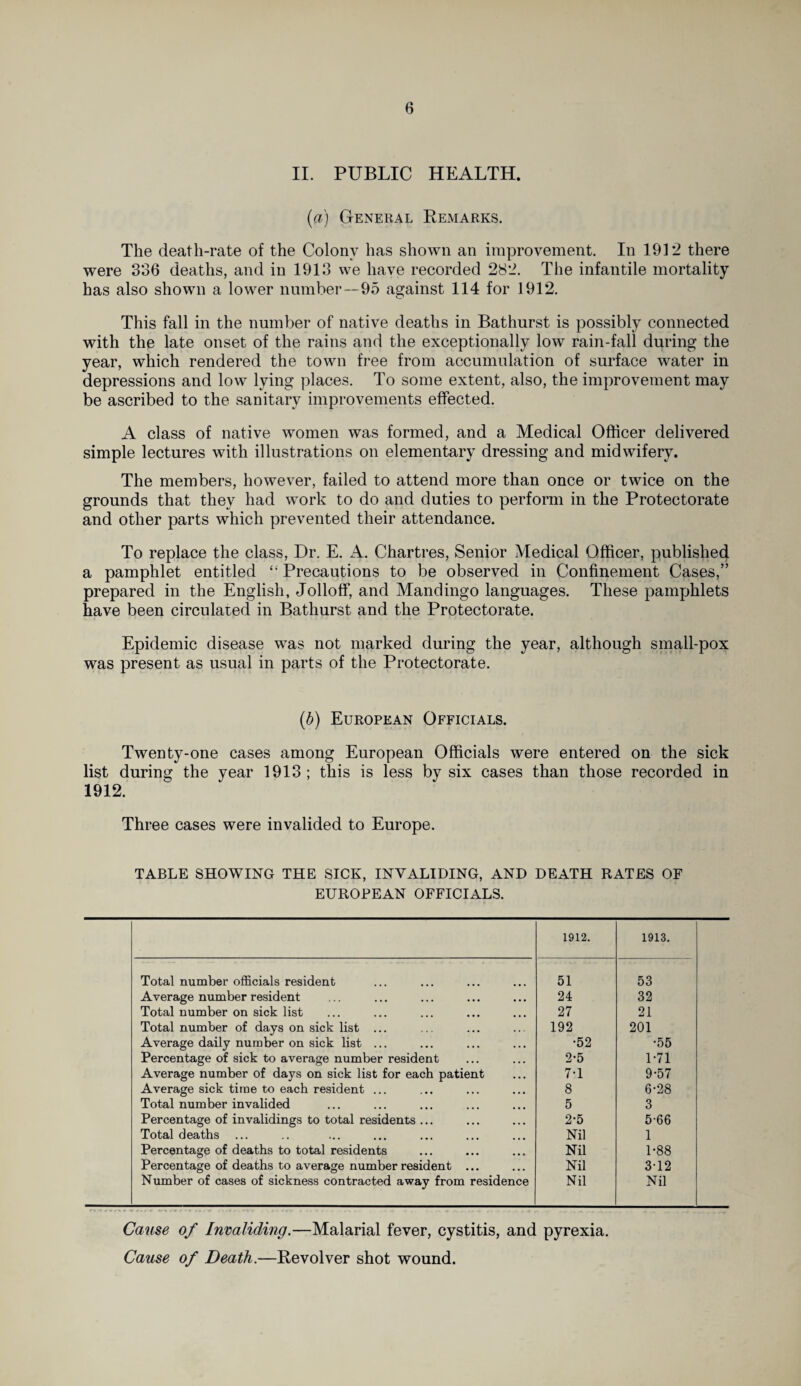 II. PUBLIC HEALTH. (a) General Remarks. The death-rate of the Colony has shown an improvement. In 191*2 there were 336 deaths, and in 1913 we have recorded 28*2. The infantile mortality has also shown a lower number--95 against 114 for 1912. This fall in the number of native deaths in Bathurst is possibly connected with the late onset of the rains and the exceptionally low rain-fall during the year, which rendered the town free from accumulation of surface water in depressions and low lying places. To some extent, also, the improvement may be ascribed to the sanitary improvements effected. A class of native women was formed, and a Medical Officer delivered simple lectures with illustrations on elementary dressing and midwifery. The members, however, failed to attend more than once or twice on the grounds that they had work to do and duties to perform in the Protectorate and other parts which prevented their attendance. To replace the class, Dr. E. A. Chartres, Senior Medical Officer, published a pamphlet entitled “ Precautions to be observed in Confinement Cases,” prepared in the English, Jolloff, and Mandingo languages. These pamphlets have been circulated in Bathurst and the Protectorate. Epidemic disease was not marked during the year, although small-pox was present as usual in parts of the Protectorate. (b) European Officials. Twenty-one cases among European Officials were entered on the sick list during the year 1913; this is less by six cases than those recorded in 1912. Three cases were invalided to Europe. TABLE SHOWING THE SICK, INVALIDING, AND DEATH RATES OF EUROPEAN OFFICIALS. 1912. 1913. Total number officials resident 51 53 Average number resident 24 32 Total number on sick list 27 21 Total number of days on sick list ... 192 201 Average daily number on sick list ... •52 •55 Percentage of sick to average number resident 2-5 1-71 Average number of days on sick list for each patient 7-1 9-57 Average sick time to each resident ... 8 6-28 Total number invalided 5 3 Percentage of invalidings to total residents ... 2-5 5-66 Total deaths Nil 1 Percentage of deaths to total residents Nil 1-88 Percentage of deaths to average number resident ... Nil 3-12 Number of cases of sickness contracted away from residence Nil Nil Cause of Invaliding.—Malarial fever, cystitis, and pyrexia. Cause of Death.—Revolver shot wound.