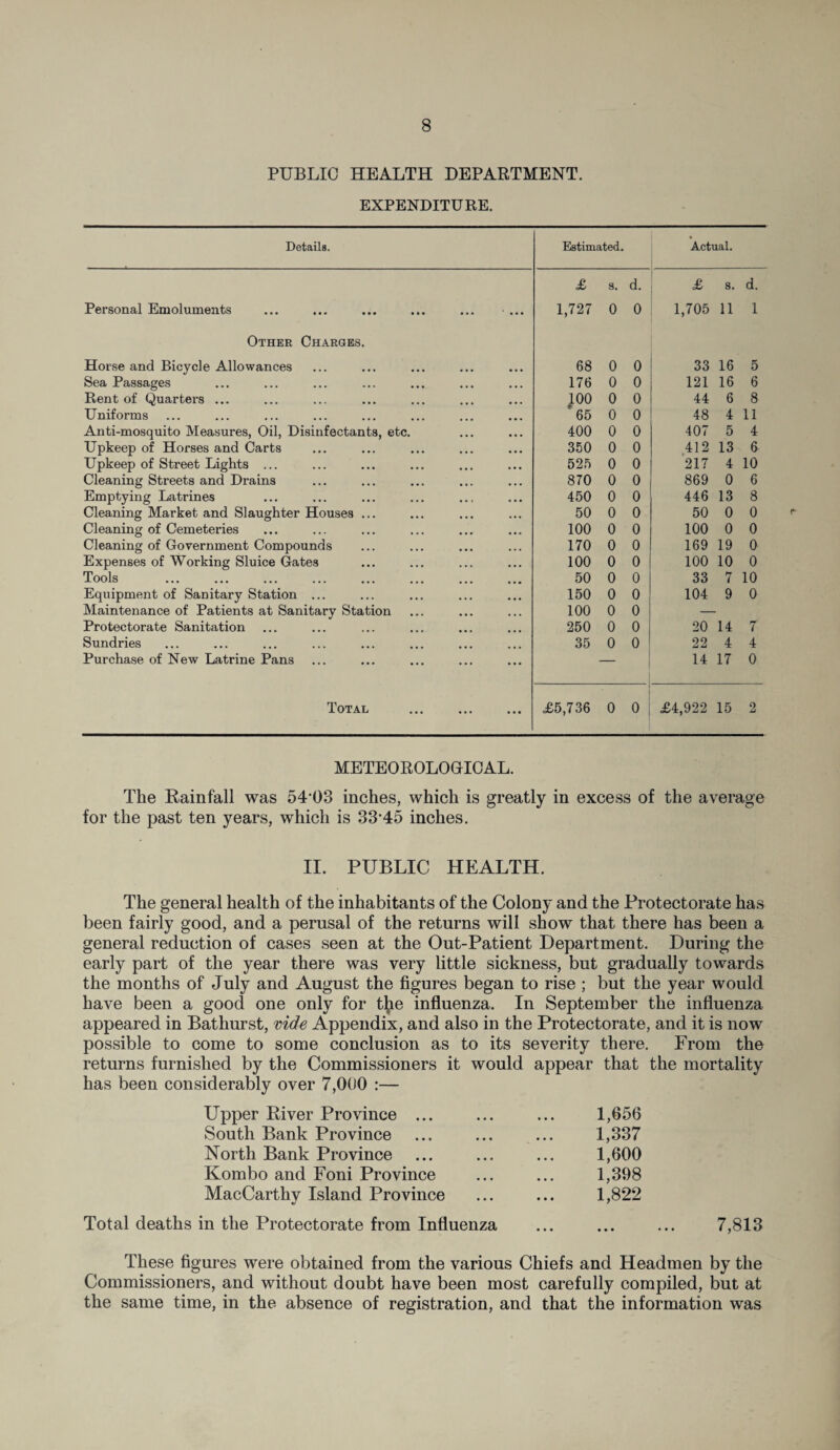 PUBLIC HEALTH DEPARTMENT. EXPENDITURE. Details. Estimated. • Actual. £ s. d. £ s. d. Personal Emoluments 1,727 0 0 1,705 11 1 Other Charges. Horse and Bicycle Allowances 68 0 0 33 16 5 Sea Passages 176 0 0 121 16 6 Rent of Quarters ... 100 0 0 44 6 8 Uniforms * 65 0 0 48 4 11 Anti-mosquito Measures, Oil, Disinfectants, etc. 400 0 0 407 5 4 Upkeep of Horses and Carts 350 0 0 412 13 6 Upkeep of Street Lights ... 525 0 0 217 4 10 Cleaning Streets and Drains 870 0 0 869 0 6 Emptying Latrines 450 0 0 446 13 8 Cleaning Market and Slaughter Houses ... 50 0 0 50 0 0 Cleaning of Cemeteries 100 0 0 100 0 0 Cleaning of Government Compounds 170 0 0 169 19 0 Expenses of Working Sluice Gates 100 0 0 100 10 0 Tools 50 0 0 33 7 10 Equipment of Sanitary Station ... 150 0 0 104 9 0 Maintenance of Patients at Sanitary Station 100 0 0 — Protectorate Sanitation 250 0 0 20 14 7 Sundries Purchase of New Latrine Pans 35 0 0 22 4 4 14 17 0 *1OTAL • •• ••• • •• £5,736 0 0 £4,922 15 2 METEOROLOGICAL. The Rainfall was 5403 inches, which is greatly in excess of the average for the past ten years, which is 3345 inches. II. PUBLIC HEALTH. The general health of the inhabitants of the Colony and the Protectorate has been fairly good, and a perusal of the returns will show that there has been a general reduction of cases seen at the Out-Patient Department. During the early part of the year there was very little sickness, but gradually towards the months of July and August the figures began to rise ; but the year would have been a good one only for tjie influenza. In September the influenza appeared in Bathurst, vide Appendix, and also in the Protectorate, and it is now possible to come to some conclusion as to its severity there. From the returns furnished by the Commissioners it would appear that the mortality has been considerably over 7,000 :— Upper River Province ... ... ... 1,656 South Bank Province ... ... ... 1,337 North Bank Province ... ... ... 1,600 Kombo and Foni Province ... ... 1,398 MacCarthy Island Province ... ... 1,822 Total deaths in the Protectorate from Influenza 7,813 These figures were obtained from the various Chiefs and Headmen by the Commissioners, and without doubt have been most carefully compiled, but at the same time, in the absence of registration, and that the information was