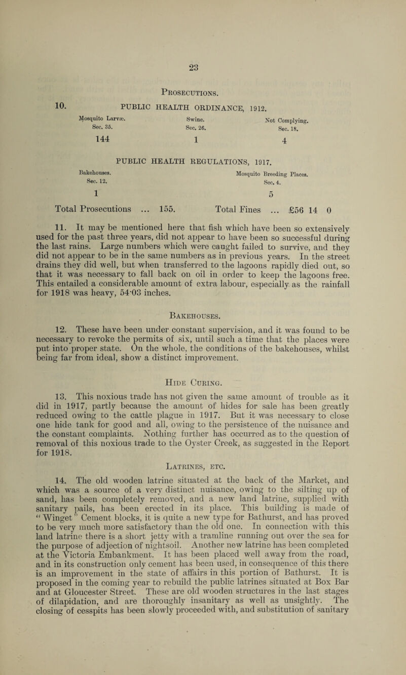 Prosecutions. 10. PUBLIC HEALTH ORDINANCE, 1912. Mosquito Larvas. Swine. Not Complying. See. 35. Sec. 26. Sec. 18. 144 1 4 PUBLIC HEALTH REGULATIONS, 1917. Bakehouses. Mosquito Breeding Places. Sec. 12. Sec. 4. 1 5 Total Prosecutions ... 155. Total Fines ... £56 14 0 11. It may be mentioned here that fish which have been so extensively used for the past three years, did not appear to have been so successful during the last rains. Large numbers which were caught failed to survive, and they did not appear to be in the same numbers as in previous years. In the street drains they did well, but when transferred to the lagoons rapidly died out, so that it was necessary to fall back on oil in order to keep the lagoons free. This entailed a considerable amount of extra labour, especially as the rainfall for 1918 was heavy, 54‘03 inches. Bakehouses. 12. These have been under constant supervision, and it was found to be necessary to revoke the permits of six, until such a time that the places were put into proper state. On the whole, the conditions of the bakehouses, whilst being far from ideal, show a distinct improvement. Hide Curing. 13. This noxious trade has not given the same amount of trouble as it did in 1917, partly because the amount of hides for sale has been greatly reduced owing to the cattle plague in 1917. But it was necessary to close one hide tank for good and all, owing to the persistence of the nuisance and the constant complaints. Nothing further has occurred as to the question of removal of this noxious trade to the Oyster Creek, as suggested in the Report for 1918. Latrines, etc. 14. The old wooden latrine situated at the back of the Market, and which was a source of a very distinct nuisance, owing to the silting up of sand, has been completely removed, and a new land latrine, supplied with sanitary pails, has been erected in its place. This building is made of “ Winget ” Cement blocks, it is quite a new type for Bathurst, and has proved to be very much more satisfactory than the old one. In connection with this land latrine there is a short jetty with a tramline running out over the sea for the purpose of adjection of nightsoil. Another new latrine has been completed at the Victoria Embankment. It has been placed well away from the road, and in its construction only cement has been used, in consequence of this there is an improvement in the state of affairs in this portion of Bathurst. It is proposed in the coming year to rebuild the public latrines situated at Box Bar and at Gloucester Street. These are old wooden structures in the last stages of dilapidation, and are thoroughly insanitary as well as unsightly. The closing of cesspits has been slowly proceeded with, and substitution of sanitary