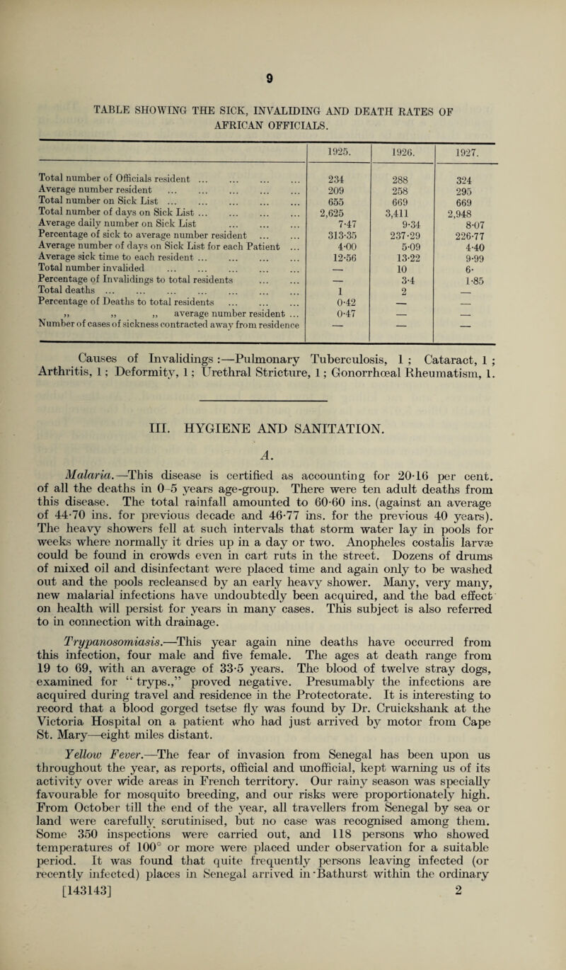 TABLE SHOWING THE SICK, INVALIDING AND DEATH RATES OF AFRICAN OFFICIALS. 1925. 1926. 1927. Total number of Officials resident. 234 288 324 Average number resident . 209 258 295 Total number on Sick List. 655 669 669 Total number of days on Sick List ... 2,625 3,411 2,948 Average daily number on Sick List . 7-47 9-34 8-07 Percentage of sick to average number resident 313-35 237-29 226-77 Average number of days on Sick List for each Patient ... 4-00 5-09 4-40 Average sick time to each resident ... 12-56 13-22 9-99 Total number invalided _. 10 6- Percentage of Invalidings to total residents . — 3-4 1-85 Total deaths ... 1 2 Percentage of Deaths to total residents 0-42 — — ,, ,, ,, average number resident ... 0-47 — — Number of cases of sickness contracted away from residence — — — Causes of Invalidings :—Pulmonary Tuberculosis, 1 ; Cataract, 1 ; Arthritis, 1; Deformity, 1; Urethral Stricture, 1; Gonorrhoeal Rheumatism, 1. III. HYGIENE AND SANITATION. A. Malaria.—This disease is certified as accounting for 20T6 per cent, of all the deaths in 0-5 years age-group. There were ten adult deaths from this disease. The total rainfall amounted to 60-60 ins. (against an average of 44-70 ins. for previous decade and 46-77 ins. for the previous 40 years). The heavy showers fell at such intervals that storm water lay in pools for weeks where normally it dries up in a day or two. Anopheles costalis larvae could be found in crowds even in cart ruts in the street. Dozens of drums of mixed oil and disinfectant were placed time and again only to be washed out and the pools recleansed by an early heavy shower. Many, very many, new malarial infections have undoubtedly been acquired, and the bad effect on health will persist for years in many cases. This subject is also referred to in connection with drainage. Trypanosomiasis.—This year again nine deaths have occurred from this infection, four male and five female. The ages at death range from 19 to 69, with an average of 33-5 years. The blood of twelve stray dogs, examined for “ tryps.,” proved negative. Presumably the infections are acquired during travel and residence in the Protectorate. It is interesting to record that a blood gorged tsetse fly was found by Dr. Cruickshank at the Victoria Hospital on a patient who had just arrived by motor from Cape St. Mary—eight miles distant. Yellow Fever.—The fear of invasion from Senegal has been upon us throughout the year, as reports, official and unofficial, kept warning us of its activity over wide areas in French territory. Our rainy season was specially favourable for mosquito breeding, and our risks were proportionately high. From October till the end of the year, all travellers from Senegal by sea or land were carefully scrutinised, but no case was recognised among them. Some 350 inspections were carried out, and 118 persons who showed temperatures of 100° or more were placed under observation for a suitable period. It was found that quite frequently persons leaving infected (or recently infected) places in Senegal arrived in'Bathurst within the ordinary [143143] 2