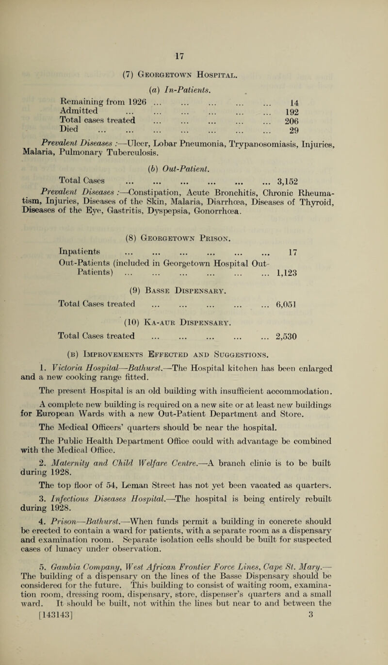 (7) Georgetown Hospital. (a) In-Patients Remaining from 1926 ... Admitted Total cases treated Died . 14 192 206 29 Prevalent Diseases :—Ulcer, Lobar Pneumonia, Trypanosomiasis, Injuries, Malaria, Pulmonary Tuberculosis. (b) Out-Patient. Total Cases .3,152 Prevalent Diseases :—Constipation, Acute Bronchitis, Chronic Rheuma¬ tism, Injuries, Diseases of the Skin, Malaria, Diarrhoea, Diseases of Thyroid, Diseases of the Eye, Gastritis, Dyspepsia, Gonorrhoea. (8) Georgetown Prison. Inpatients . 17 Out-Patients (included in Georgetown Hospital Out- Patients) .1,123 (9) Basse Dispensary. Total Cases treated .6,051 (10) Ka-aur Dispensary. Total Cases treated ... ... ... ... ... 2,530 (b) Improvements Effected and Suggestions. 1. Victoria Hospital—Bathurst.—The Hospital kitchen has been enlarged and a new cooking range fitted. The present Hospital is an old building with insufficient accommodation. A complete new building is required on a new site or at least new buildings for European Wards with a new Out-Patient Department and Store. The Medical Officers’ quarters should be near the hospital. The Public Health Department Office could with advantage be combined with the Medical Office. 2. Maternity and Child Welfare Centre.—A branch clinic is to be built during 1928. The top floor of 54, Leman Street has not yet been vacated as quarters. 3. Infectious Diseases Hospital.—The hospital is being entirely rebuilt during 1928. 4. Prison—Bathurst.—When funds permit a building in concrete should be erected to contain a ward for patients, with a separate room as a dispensary and examination room. Separate isolation cells should be built for suspected cases of lunacy under observation. 5. Gambia Company, West African Frontier Force Lines, Cape Ft. Mary.— The building of a dispensary on the lines of the Basse Dispensary should be considered for the future. This building to consist of waiting room, examina¬ tion room, dressing room, dispensary, store, dispenser’s quarters and a small ward. It should be built, not within the lines but near to and between the [143143] 3
