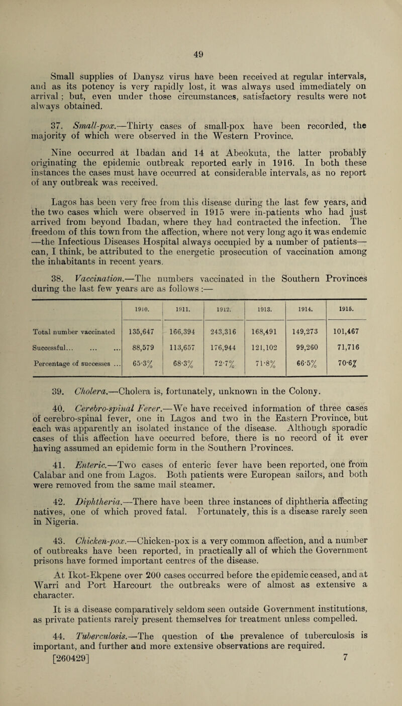 Small supplies of Danysz virus have been received at regular intervals, and as its potency is very rapidly lost, it was always used immediately on arrival; but, even under those circumstances, satisfactory results were not always obtained. 37. Small-pox.—Thirty cases of small-pox have been recorded, the majority of which were observed in the Western Province. Nine occurred at Ibadan and 14 at Abeokuta, the latter probably originating the epidemic outbreak reported early in 1916. In both these instances the cases must have occurred at considerable intervals, as no report of any outbreak was received. Lagos has been very free from this disease during the last few years, and the two cases which were observed in 1915 were in-patients who had just arrived from beyond Ibadan, where they had contracted the infection. The freedom of this town from the affection, where not very long ago it was endemic —the Infectious Diseases Hospital always occupied by a number of patients— can, I think, be attributed to the energetic prosecution of vaccination among the inhabitants in recent years. 38. Vaccination.—The numbers vaccinated in the Southern Provinces during the last few years are as follows :— 1910. 1911. 1912. 1913. 1914. 1916. Total number vaccinated 135,647 166,394 243,316 168,491 149,273 101,467 Successful... 88,579 113,657 176,944 121,102 99,260 71,716 Percentage of successes ... 65-3% 68-3% 72-7% 71-8% 66-5% 70-62 39. Cholera.—Cholera is, fortunately, unknown in the Colony. 40. Cerebrospinal Fever.—We have received information of three cases of cerebro-spinal fever, one in Lagos and two in the Eastern Province, but each was apparently an isolated instance of the disease. Although sporadic cases of this affection have occurred before, there is no record of it ever having assumed an epidemic form in the Southern Provinces. 41. Enteric.—Two cases of enteric fever have been reported, one from Calabar and one from Lagos. Both patients were European sailors, and both were removed from the same mail steamer. 42. Diphtheria.—There have been three instances of diphtheria affecting natives, one of which proved fatal. Fortunately, this is a disease rarely seen in Nigeria. 43. Chicken-pox.—Chicken-pox is a very common affection, and a number of outbreaks have been reported, in practically all of which the Government prisons have formed important centres of the disease. At Ikot-Ekpene over 200 cases occurred before the epidemic ceased, and at Warri and Port Harcourt the outbreaks were of almost as extensive a character. It is a disease comparatively seldom seen outside Government institutions, as private patients rarely present themselves for treatment unless compelled. 44. Tuberculosis.—The question of the prevalence of tuberculosis is important, and further and more extensive observations are required. [260429] 7