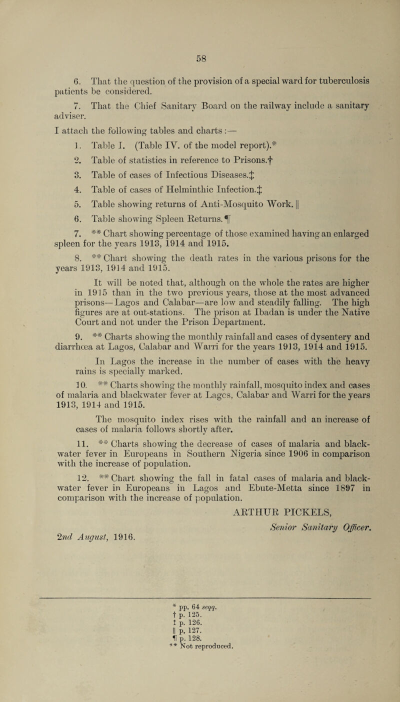 6. That the question of the provision of a special ward for tuberculosis patients be considered. 7. That the Chief Sanitary Board on the railway include a sanitary adviser. I attach the following tables and charts :— I. Table I. (Table IV. of the model report).* *2. Table of statistics in reference to Prisons.f 3. Table of cases of Infectious Diseases.^ 4. Table of cases of Helminthic Infection. J 5. Table showing returns of Anti-Mosquito Work. || 6. Table showing Spleen Returns.^ 7. Chart showing percentage of those examined having an enlarged spleen for the years 1913, 1914 and 1915. 8. ## Chart showing the death rates in the various prisons for the years 1913, 1914 and 1915. It will be noted that, although on the whole the rates are higher in 1915 than in the two previous years, those at the most advanced prisons—Lagos and Calabar—are low and steadily falling. The high figures are at out-stations. The prison at Ibadan is under the Native Court and not under the Prison Department. 9. ## Charts showing the monthly rainfall and cases of dysentery and diarrhoea at Lagos, Calabar and Warri for the years 1913, 1914 and 1915. In Lagos the increase in the number of cases with the heavy rains is specially marked. 10. ## Charts showing the monthly rainfall, mosquito index and cases of malaria and blackwater fever at Lagcs, Calabar and Warri for the years 1913, 1914 and 1915. The mosquito index rises with the rainfall and an increase of cases of malaria follows shortlv after. V II. ** Charts showing the decrease of cases of malaria and black- water fever in Europeans in Southern Nigeria since 1906 in comparison with the increase of population. 12. ## Chart showing the fall in fatal cases of malaria and black- water fever in Europeans in Lagos and Ebute-Metta since 1897 in comparison with the increase of population. ARTHUR PICKELS, Senior Sanitary Officer. 2nd August, 1916. * pp. 64 seqq. t p. 125. I p. 126. II p. 127. IT p. 128. ■** Not reproduced.