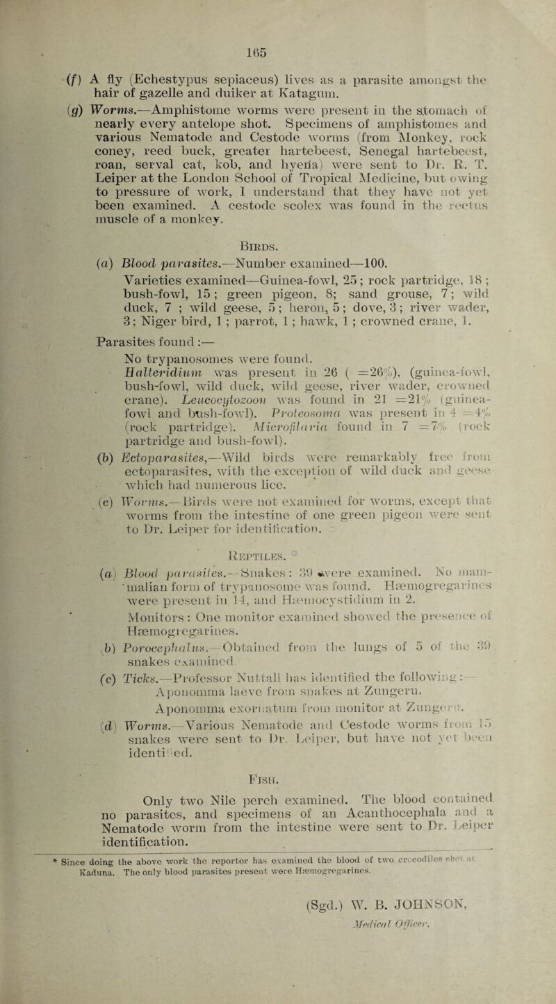 (f) A fly (Echestypus sepiaceus) lives as a parasite amongst the hair of gazelle and duiker at Katagum. (,g) Worms.—Amphistome worms were present in the s.tomach of nearly every antelope shot. Specimens of amphistomes and various Nematode and Cestode worms (from Monkey, rock coney, reed buck, greater hartebeest, Senegal hartebeest, roan, serval cat, kob, and hyeila) were sent to Dr. JR. T. Leiper at the London School of Tropical Medicine, but owing to pressure of work, I understand that they have not yet- been examined. A cestode scolex was found in the rectus muscle of a monkey. Birds. (a) Bloocl parasites.—Number examined—100. Varieties examined—Guinea-fowl, 25; rock partridge, 18 ; bush-fowl, 15; green pigeon, 8; sand grouse, 7; wild duck, 7 ; wild geese, 5; heron, 5; dove, 3; river wader, 3; Niger bird, 1 ; parrot, 1; hawk, 1 ; crowned crane, 1. Parasites found:— No trypanosomes were found. HaUeridinm was present in 26 ( =26%), (guinea-fowl, bush-fowl, wild duck, wild geese, river wader, crowned crane). Leucocytozoon was found in 21 =21% (guinea- fowl and bush-fowl). Proteosoma was present in 4 =4% (rock partridge). Microfilaria found in 7 =7-% (rock partridge and bush-fowl). (b) Ectoparasites,—Wild birds were remarkably free from ectoparasites, with the exception of wild duck and geese- which had numerous lice. (c) Worms.— Birds were not examined, for worms, except that worms from the intestine of one green pigeon were sent to Dr. Leiper for identification. \b) (c) (d) Reptiles. ° Blood parasites.—'Snakes: 30 *were examined. No mam¬ malian form of trypanosome was found. Hsemogregarines were present in 14, and Hsemocystidium in 2. Monitors : One monitor examined, showed the presence of Hoemogi egarines. Porocephalns.— Obtained from the lungs of 5 of the 39 snakes examined. Ticks.—Professor Nuttall has identified the following: Aponomma laeve from snakes at Zungeru, Aponoimna exornatum from monitor at Zungeru. Worms.—Various Nematode and Cestode worms from- b> snakes were sent to Dr. Leiper, but have not yet been identi ed. Fish. Only two Nile perch examined. The blood contained no parasites, and specimens of an Acanthocephala and a Nematode worm from the intestine were sent to Dr. Leiper identification. * Since doing the above work the reporter has examined the blood of two crocodiles she; ai Kaduna. The only blood parasites present were Haemogregarines. (Sgd.) W. B. JOHNSON, Medical. Officer.