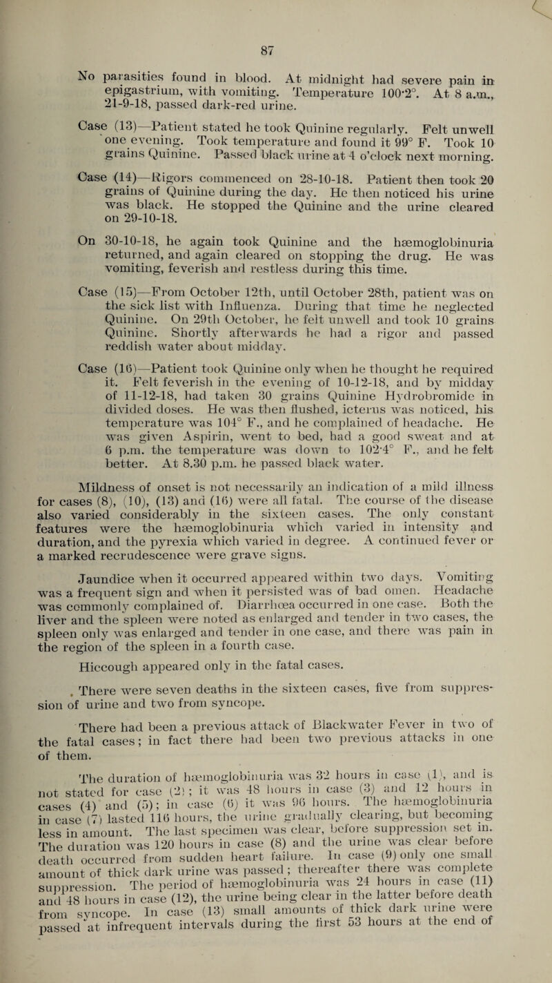 No pai asities found in blood. At midnight had severe pain in epigastrium, with vomiting. Temperature 100*2°. At 8 a.m., 21-9-18, passed dark-red urine. Case (13) Patient stated he took Quinine regularly. Felt unwell one evening. Took temperature and found it 99° F. Took 10 grains Quinine. Passed black urine at 4 o’clock next morning. Case (14)—Rigors commenced on 28-10-18. Patient then took 20 grains of Quinine during the day. He then noticed his urine was black. He stopped the Quinine and the urine cleared on 29-10-18. ■ On 30-10-18, he again took Quinine and the hsemoglobinuria returned, and again cleared on stopping the drug. He was vomiting, feverish and restless during this time. Case (15)—From October 12th, until October 28th, patient was on the sick list with Influenza. During that time he neglected Quinine. On 29th October, he felt unwell and took 10 grains Quinine. Shortly afterwards he had a rigor and passed reddish water about midday. Case (10)—Patient took Quinine only when he thought he required it. Felt feverish in the evening of 10-12-18, and by midday of 11-12-18, had taken 30 grains Quinine Hydrobromide in divided doses. He was then flushed, icterus was noticed, his temperature was 104° F., and he complained of headache. He was given Aspirin, went to bed, had a good sweat and at 6 p.m. the temperature was down to 102’4° F., and he felt better. At 8.30 p.m. he passed black water. Mildness of onset is not necessarily an indication of a mild illness for cases (8), (10), (13) and (10) were all fatal. The course of the disease also varied considerably in the sixteen cases. The only constant features were the hsemoglobinuria which varied in intensity and duration, and the pyrexia which varied in degree. A continued fever or a marked recrudescence wTere grave signs. Jaundice when it occurred appeared within two days. Vomiting was a frequent sign and when it persisted was of bad omen. Headache was commonly complained of. Diarrhoea occurred in one ease. Both the liver and the spleen were noted as enlarged and tender in two cases, the spleen only was enlarged and tender in one case, and there was pain in the region of the spleen in a fourth case. Hiccough appeared only in the fatal cases. t There were seven deaths in the sixteen cases, five from suppres¬ sion of urine and two from syncope. There had been a previous attack of Blackwater Fever in two of the fatal cases; in fact there had been two previous attacks in one of them. The duration of hsemoglobinuria was 32 hours in case (1), and is not stated for case (2) ; it was 48 hours in case (3) and 12 hours in cases (4) and (5); in case ((5) it was 96 hours. The hsemoglobinuria in case (7) lasted 116 hours, the urine gradually clearing, but becoming less in amount. The last specimen was clear, before suppression set in. The duration was 120 hours in case (8) and the urine was clear before death occurred from sudden heart failure. In case (9) only one small amount of thick dark urine was passed ; thereafter there was complete suppression. The period of hsemoglobinuria was 24 hours in ease (IX) and 48 hours in case (12), the urine being clear in the latter before death from syncope. In case (13) small amounts of thick dark urine were passed at infrequent intervals during the first o3 hours at the end of