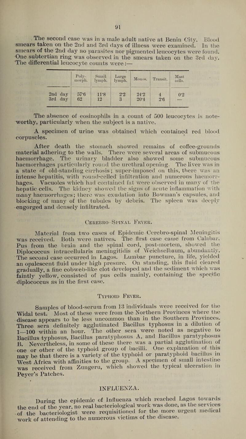 The second case was in a male adult native at Benin City. Blood smears taken on the 2nd and 3rd days of illness were examined. In the smears of the 2nd day no parasites nor pigmented leucocytes were found. One subtertian ring was observed in the smears taken on the 31x1 day. The differential leucocyte counts were :— Poly¬ morph. Small- lymph. Large lymph. Monos. Transit. Mast cells. 2nd day 57-6 1F8 2’2 24-2 4 0-2 3rd day 62 12 3 20-4 2*6 — The absence of eosinophils in a count of 500 leucocytes is note¬ worthy, particularly when the subject is a native. A specimen of urine was obtained which contained red blood corpuscles. After death the stomach snowed remains of coffee-grounds material adhering to the Avails. There were several areas of submucous haemorrhage. The urinary bladder also shoAved some submucous haemorrhages particularly round the urethral opening. The liver Avas in a state of old-standing cirrhosis; super-imposed on this, there Avas an intense hepatitis, Avutli round-celled infiltration and numerous haemorr¬ hages. Vacuoles which had contained fat Avere observed in many of the hepatic cells. The kidney showed the signs of acute inflammation with many haemorrhages; there was exudation into Bowman’s capsules, and blocking of many of the tubules by debris. The spleen Avas deeply engorged and densely infiltrated. Cerebro-S pin a l F e v e r . Material from two cases of Epidemic Cerebro-spinal Meningitis Avas received. Both Avere natives. The first case came from Calabar. Pus from the brain and the spinal cord, post-mortem, showed the Diplococcus intracellularis meningitidis of Weichselbaum, abundantly. The second case occurred in Lagos. Lumbar puncture, in life, yielded an opalescent fluid under high presure. On standing, this fluid cleared gradually, a fine cobweb-like clot developed and the sediment Avhich Avas faintly yellow, consisted of pus cells mainly, containing the specific diplococcus as in the first case. Typhoid Fever. Samples of blood-serum from 13 individuals were received for the Widal test. Most of these were from the Northern Provinces where the disease appears to be less uncommon than in the Southern I rovinces. Three sera definitely agglutinated Bacillus typhosus in a dilution of 1_100 within an hour. The other sera Avere noted as negative to Bacillus typhosus, Bacillus paratyphosus A, and Bacillus paratvphosus NeArertheless, in some of these there Avas a partial agglutination of one or other of the typhoid group of bacilli. One explanation of this may be that there is a variety of the typhoid or paratyphoid bacillus in West Africa with affinities to the group. A specimen of small intestine Avas received from Zungeru, which showed the typical ulceration in Peyer’s Patches. INFLUENZA. During the epidemic of Influenza which reached Lagos toAvards the end of the year, no real bacteriological work Avas done, as the seiu ices of the bacteriologist Avere requisitioned for the more urgent medical Avork of attending to the numerous victims of the disease.