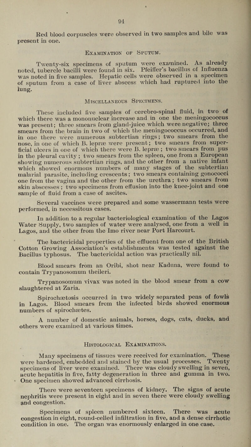 Red blood corpuscles were observed in two samples and bile was present in one. Examination of Sputum. Twenty-six specimens of sputum were examined. As already noted, tubercle bacilli were found in six. Pfeiffer’s bacillus ol Influenza was noted in five samples. Hepatic cells were observed in a specimen of sputum from a case of liver abscess which had ruptured into the lung. Miscellaneous Specimens. These included five samples of cerebro-spinal fluid, in two of which there was a mononuclear increase and in one the meningococcus was present; three smears from gland-juice which were negative; three smears from the brain in two of which the meningococcus occurred, and in one there were numerous subtertian rings; two smears from the nose, in one of which B. leprae were present; two smears from super¬ ficial ulcers in one of which there were B. leprae ; two smears from pus in the pleural cavity ; two smears from the spleen, one from a European showing numerous subtertian rings, and the other from a native infant which showed enormous numbers of many stages of the subtertian malarial parasite, including crescents ; two smears containing gonococci one from the vagina and the other from the urethra ; two smears from skin abscesses ; two specimens from effusion into the knee-joint and one sample of fluid from a case of ascites. Several vaccines were prepared and some wassermann tests were performed, in necessitous cases. In addition to a regular bacteriological examination of the Lagos Water Supply, two samples of water were analysed, one from a well in Lagos, and the other from the Imo river near Port Harcourt. The bactericidal properties of the effluent from one of the British Cotton Growing Association’s establishments was tested against the Bacillus typhosus. The bactericidal action was practically nil. Blood smears from an Oribi, shot near Kaduna, were found to contain Trypanosomum theileri. Trypanosomum vivax was noted in the blood smear from a cow slaughtered at Zaria. Spirochaetosis occurred in two widely separated pens of fowls in Lagos. Blood smears from the infected birds showed enormous numbers of spirochaetes. A number of domestic animals, horses, dogs, cats, ducks, and others were examined at various times. Histological Examinations. i Many specimens of tissues were received for examination. These were hardened, embedded and stained by the usual processes. Twenty specimens of liver were examined. There was cloudy swelling in seven, acute hepatitis in five, fatty degeneration in three and gumma in two. One specimen showed advanced cirrhosis. There were seventeen specimens of kidney. The signs of acute nephritis were present in eight and in seven there were cloudy swelling and congestion. Specimens of spleen numbered sixteen. There was acute congestion in eight, round-celled infiltration in five, and a dense cirrhotic condition in one. The organ was enormously enlarged in one case.