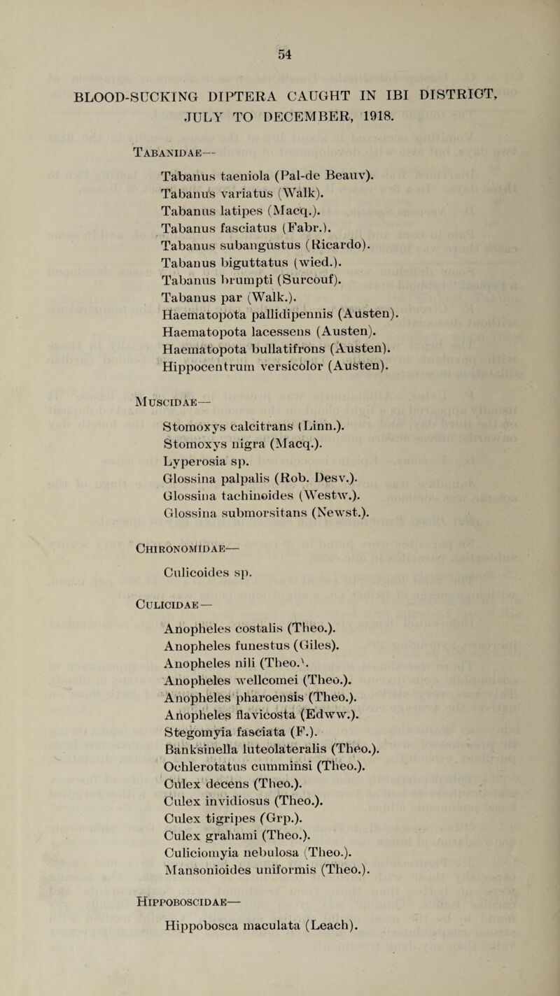 BLOOD-SUCKING DIPTERA CAUGHT IN IBI DISTRICT, JULY TO DECEMBER, 1918. Tabanidae— Tabanus taeniola (Pal-cle Beauv). Ta ban us variatus (Walk). Tabanus latipes (Macq.). Tabanus fasciatus (Fabr.). Tabanus subangustus (Ricardo). Tabanus biguttatus (wied.). Tabanus brumpti (Surcouf). Tabanus par (Walk.), Haematopota pallidipennis (Austen). Haematopota lacessens (Austen). Haematopota bullatifrons (Austen). Hippocentrum versicolor (Austen). Muscidae— Stomoxys calcitrans (Linn.). Stomoxys nigra (Macq.). Lyperosia sp. Glossina palpalis (Rob. Desv.). Glossina tachinoides (Westw.). Glossina submorsitans (Newst.). Chironomidae— Culicoides sp. CULICLDAE — Anopheles costalis (Theo.). Anopheles funestus (Giles). Anopheles nili (Theod. Anopheles wellcomei (Theo.). Anopheles pharoensis (Theo.). Anopheles flavicosta (Edww.). Stegomyia fasciata (F.). Bank sin ella luteolateralis (Theo.). Ochlerotatus cumminsi (Theo.). Culex decens (Theo.). Culex invidiosus (Theo.). Culex tigripes (Grp.). Culex grahami (Theo.). Culicioniyia nebulosa (Theo.). Mansonioides uniformis (Theo.). Hippoboscidae— Hippobosca maculata (Leach).