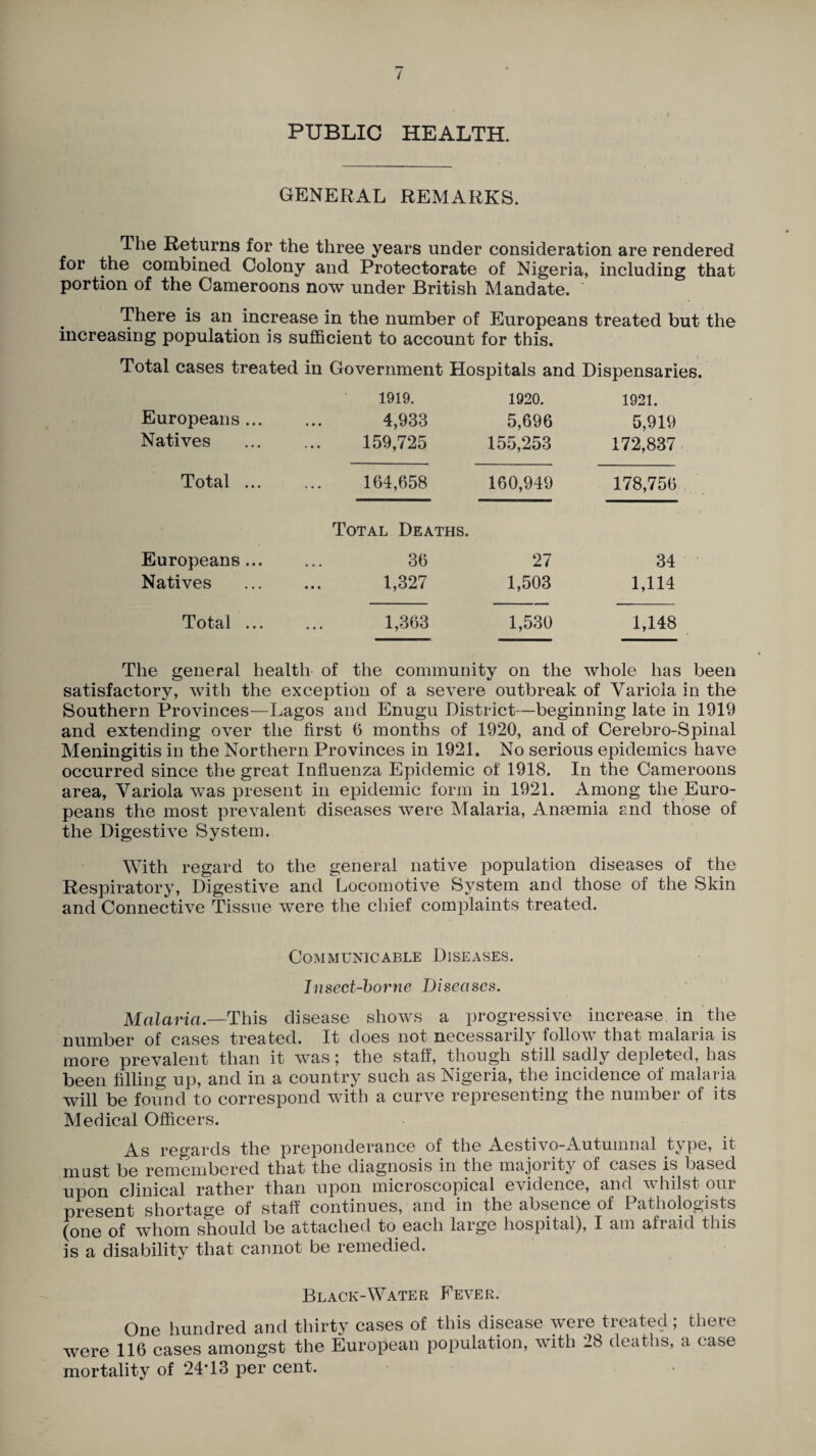 PUBLIC HEALTH. GENERAL REMARKS. The Returns for the three years under consideration are rendered for the combined Colony and Protectorate of Nigeria, including that portion of the Cameroons now under British Mandate. There is an increase in the number of Europeans treated but the increasing population is sufficient to account for this. Total cases treated in Government Hospitals and Dispensaries. Europeans ... Natives 1919. 4,933 159,725 1920. 5,696 155,253 1921. 5,919 172,837 Total ... 164,658 160,949 178,756 Total Deaths. Europeans... Natives 36 1,327 27 1,503 34 1,114 Total ... 1,363 1,530 1,148 The general health of the community on the whole has been satisfactory, with the exception of a severe outbreak of Variola in the Southern Provinces—Lagos and Enugu District—beginning late in 1919 and extending over the first 6 months of 1920, and of Cerebro-Spinal Meningitis in the Northern Provinces in 1921. No serious epidemics have occurred since the great Influenza Epidemic of 1918. In the Cameroons area, Variola was present in epidemic form in 1921. Among the Euro¬ peans the most prevalent diseases were Malaria, Ansemia and those of the Digestive System. With regard to the general native population diseases of the Respiratory, Digestive and Locomotive System and those of the Skin and Connective Tissue were the chief complaints treated. Communicable Diseases. Insect-borne Diseases. Malaria .—This disease shows a progressive increase in the number of cases treated. It does not necessarily follow that malaria is more prevalent than it was; the staff, though still sadly depleted, has been filling up, and in a country such as Nigeria, the incidence of malaria will be found to correspond with a curve representing the number of its Medical Officers. As regards the preponderance of the Aestivo-Autumnal type, it must be remembered that the diagnosis in the majority of cases is based upon clinical rather than upon microscopical evidence, and whilst our present shortage of staff continues, and in the absence of 1 athologists (one of whom should be attached to each large hospital), I am afraid this is a disability that cannot be remedied. Black-Water Fever. One hundred and thirty cases of this disease were treated; there were 116 cases amongst the European population, with 28 deaths, a case mortality of 24T3 per cent.