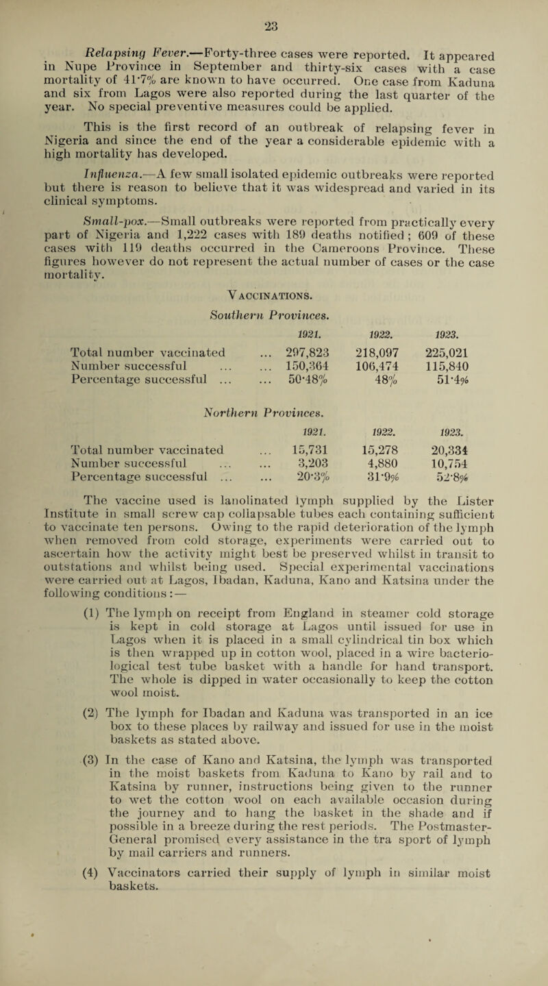 Relapsing Fever.—Forty-three cases were reported. It appeared in Nnpe Province in September and thirty-six cases with a case mortality of 41*7% are known to have occurred. One case from Kaduna and six from Lagos were also reported during the last quarter of the year. No special preventive measures could be applied. This is the first record of an outbreak of relapsing fever in Nigeria and since the end of the year a considerable epidemic with a high mortality has developed. Influenza.—A few small isolated epidemic outbreaks were reported but there is reason to believe that it was widespread and varied in its clinical symptoms. Small-pox.—Small outbreaks were reported from practically every part of Nigeria and 1,222 cases with 189 deaths notified ; 609 of these cases with 119 deaths occurred in the Cameroons Province. These figures however do not represent the actual number of cases or the case m or tali tv. •/ V ACCINATIONS. Southern Provinces. 1921. 1922. 1923. Total number vaccinated ... 297,823 218,097 225,021 Number successful ... 150,364 106,474 115,840 Percentage successful ... ... 50-48% 48% 51*496 Northern Provinces. 1921. 1922. 1923. Total number vaccinated ... 15,731 15,278 20,334 Number successful 3,203 4,880 10,754 Percentage successful ... 20-3% 3P9*/0 52-896 The vaccine used is lanolinated lymph supplied by the Lister Institute in small screw cap collapsable tubes each containing sufficient to vaccinate ten persons. Owing to the rapid deterioration of the lymph when removed from cold storage, experiments were carried out to ascertain how the activity might best be preserved whilst in transit to outstations and whilst being used. Special experimental vaccinations were carried out at Lagos, Ibadan, Kaduna, Kano and Katsina under the following conditions: — (1) The lymph on receipt from England in steamer cold storage is kept in cold storage at Lagos until issued for use in Lagos when it is placed in a small cylindrical tin box which is then wrapped up in cotton wool, placed in a wire bacterio¬ logical test tube basket with a handle for hand transport. The whole is dipped in water occasionally to keep the cotton wool moist. (2) The lymph for Ibadan and Kaduna was transported in an ice box to these places by railway and issued for use in the moist baskets as stated above. (3) In the case of Kano and Katsina, the lymph was transported in the moist baskets from Kaduna to Kano by rail and to Katsina by runner, instructions being given to the runner to wet the cotton wool on each available occasion during the journey and to hang the basket in the shade and if possible in a breeze during the rest periods. The Postmaster- General promised every assistance in the tra sport of lymph by mail carriers and runners. (4) Vaccinators carried their supply of lymph in similar moist baskets.