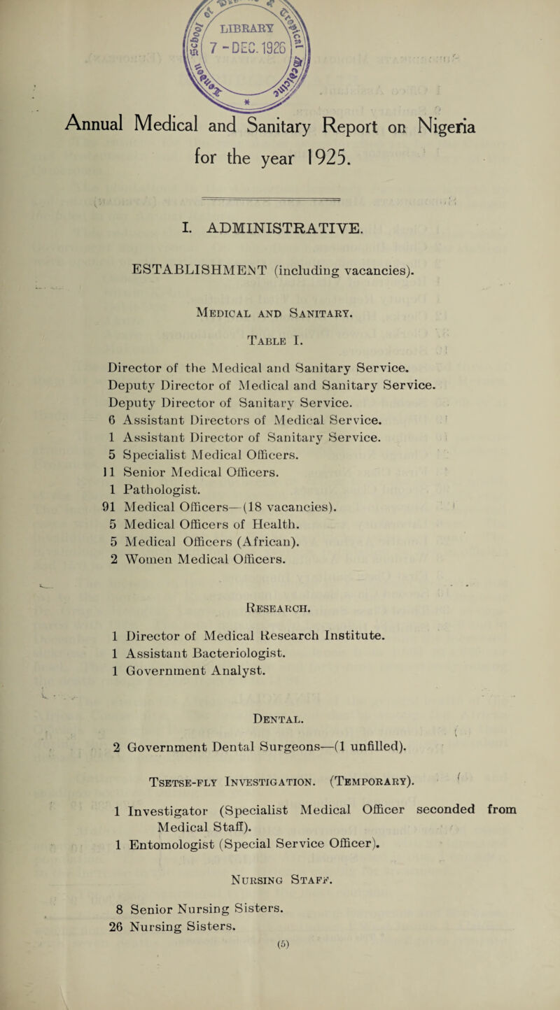 for the year 1925. I. ADMINISTRATIVE. ESTABLISHMENT (including vacancies). Medical and Sanitary. Table I. Director of the Medical and Sanitary Service. Deputy Director of Medical and Sanitary Service. Deputy Director of Sanitary Service. 6 Assistant Directors of Medical Service. 1 Assistant Director of Sanitary Service. 5 Specialist Medical Officers. 11 Senior Medical Officers. 1 Pathologist. 91 Medical Officers—(18 vacancies). 5 Medical Officers of Health. 5 Medical Officers (African). 2 Women Medical Officers. Research. 1 Director of Medical Research Institute. 1 Assistant Bacteriologist. 1 Government Analyst. Dental. / ' v 2 Government Dental Surgeons—(1 unfilled). Tsetse-fly Investigation. (Temporary). 1 Investigator (Specialist Medical Officer seconded from Medical Stall). ■■ / 1 Entomologist (Special Service Officer). Nursing Staff. 8 Senior Nursing Sisters. 26 Nursing Sisters.