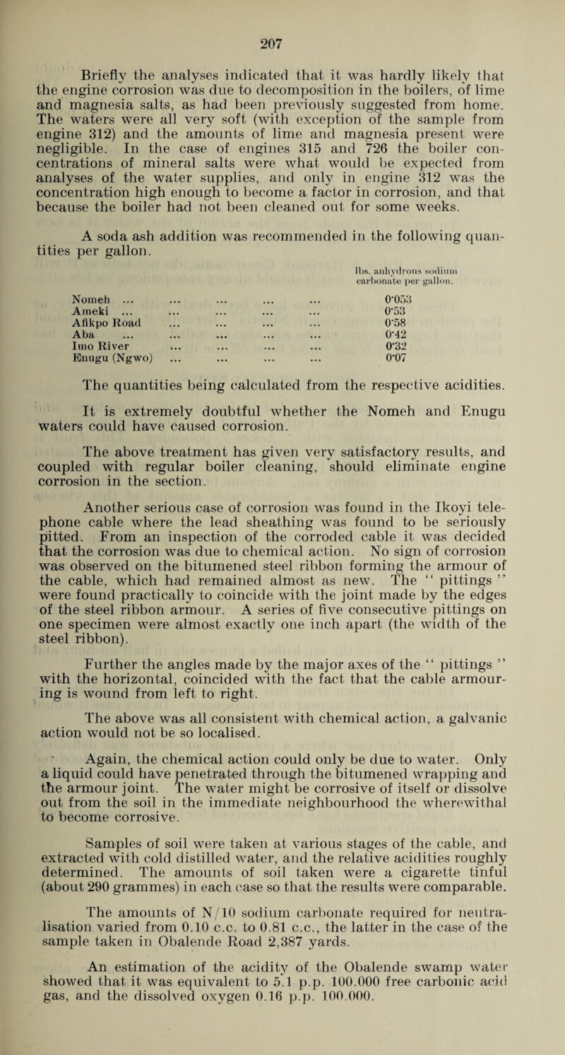 Briefly the analyses indicated that it was hardly likely that the engine corrosion was due to decomposition in the boilers, of lime and magnesia salts, as had been previously suggested from home. The waters were all very soft (with exception of the sample from engine 312) and the amounts of lime and magnesia present were negligible. In the case of engines 315 and 726 the boiler con¬ centrations of mineral salts were what would be expected from analyses of the water supplies, and only in engine 312 was the concentration high enough to become a factor in corrosion, and that because the boiler had not been cleaned out for some weeks. A soda ash addition was recommended in the following quan¬ tities per gallon. lbs. anhydrous sodium carbonate per gallon. Nomeh ... ... ... ... ... 0‘053 Ameki ... ... ... ... ... 0*53 Aflkpo Road ... ... ... ... 0‘58 Aba ... ... ... ... ... 0’42 lino River ... ... ... ... 0'32 Enugu (Ngwo) ... ... ... ... 0‘07 The quantities being calculated from the respective acidities. It is extremely doubtful whether the Nomeh and Enugu waters could have caused corrosion. The above treatment has given very satisfactory results, and coupled with regular boiler cleaning, should eliminate engine corrosion in the section. Another serious case of corrosion was found in the Ikoyi tele¬ phone cable where the lead sheathing was found to be seriously pitted. From an inspection of the corroded cable it was decided that the corrosion was due to chemical action. No sign of corrosion was observed on the bitumened steel ribbon forming the armour of the cable, which had remained almost as new. The “ pittings ” were found practically to coincide with the joint made by the edges of the steel ribbon armour. A series of five consecutive pittings on one specimen were almost exactly one inch apart (the width of the steel ribbon). Further the angles made by the major axes of the “ pittings ” with the horizontal, coincided with the fact that the cable armour¬ ing is wound from left to right. The above was all consistent with chemical action, a galvanic action would not be so localised. Again, the chemical action could only be due to water. Only a liquid could have penetrated through the bitumened wrapping and the armour joint. The water might be corrosive of itself or dissolve out from the soil in the immediate neighbourhood the wherewithal to become corrosive. Samples of soil were taken at various stages of the cable, and extracted with cold distilled water, and the relative acidities roughly determined. The amounts of soil taken were a cigarette tinful (about 290 grammes) in each case so that the results were comparable. The amounts of N/10 sodium carbonate required for neutra¬ lisation varied from 0.10 c.c. to 0.81 c.c., the latter in the case of the sample taken in Obalende Road 2,387 yards. An estimation of the acidity of the Obalende swamp water showed that it was equivalent to 5.1 p.p. 100.000 free carbonic acid gas, and the dissolved oxygen 0.16 p.p. 100.000.
