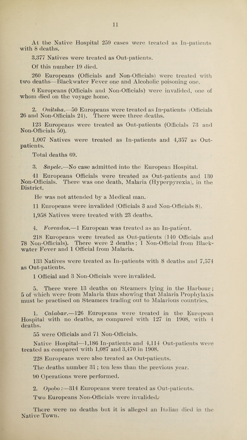 At the Native Hospital 259 cases were treated as In-patients with 8 deaths. 3,377 Natives were treated as Out-patients. Of this number 19 died. 260 Europeans (Officials and Non-Officials) were treated with two deaths—Blackwater Fever one and Alcoholic poisoning one. 6 Europeans (Officials and Non-Officials) were invalided, one of whom died on the voyage home. 2. Onitsha.—50 Europeans were treated as In-patients (Officials 26 and Non-Officials 24). There were three deaths. 123 Europeans were treated as Out-patients (Officials 73 and Non-Officials 50). 1,007 Natives were treated as In-patients and 4,357 as Out¬ patients. Total deaths 69. 3. Sapele.—No case admitted into the European Hospital. 41 Europeans Officials were treated as Out-patients and 130 Non-Officials. There was one death, Malaria (Hyperpyrexia), in the District. He was not attended by a Medical man. 11 Europeans were invalided (Officials 3 and Non-Officials 8). 1,958 Natives were treated with 23 deaths. « 4. Forcados.—1 European was treated as an In-patient. 218 Europeans were treated as Out-patients (140 Officials and 78 Non-Officials). There were 2 deaths; 1 Non-Official from Black- water Fever and 1 Official from Malaria. 133 Natives were treated as In-patients with 8 deaths and 7,574 as Out-patients. 1 Official and 3 Non-Officials were invalided. 5. There were 13 deaths on Steamers lying in the Harbour; 5 of which were from Malaria thus showing that Malaria Prophylaxis must be practised on Steamers trading out to Malarious countries. 1. Calabar.—126 Europeans were treated in the European Hospital with no deaths, as compared with 127 in 1908, with 4 deaths. 55 were Officials and 71 Non-Officials. Native Hospital—1,186 In-patients and 4,114 Out-patients were treated as compared with 1,087 and 3,470 in 1908. 228 Europeans were also treated as Out-patients. The deaths number 31 ; ten less than the previous year. 90 Operations were performed. 2. Opobo :—314 Europeans were treated as Out-patients. Two Europeans Non-Officials were invalided. There were no deaths but it is alleged an Italian died in the Native Town.