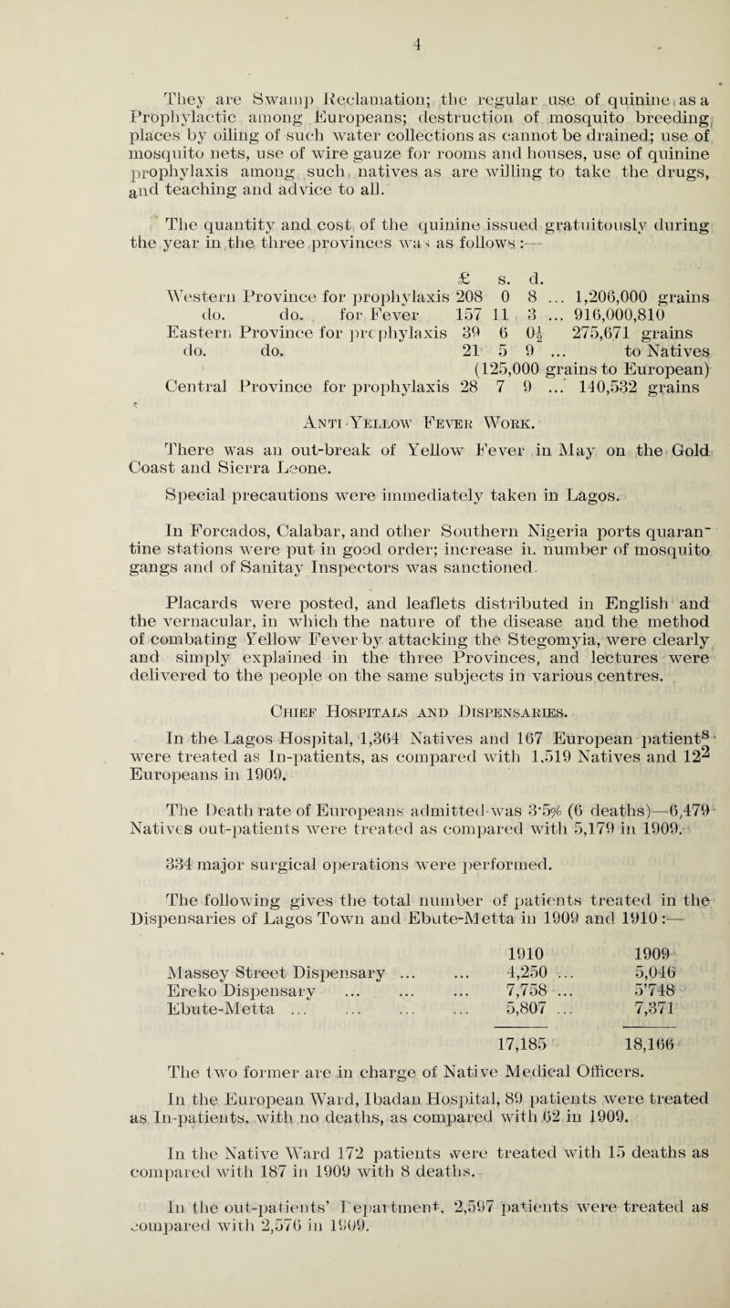 They are Swamp Reclamation; the regular use of quinine , as a Prophylactic among Europeans; destruction of mosquito breeding, places by oiling of such water collections as cannot be drained; use of mosquito nets, use of wire gauze for rooms and houses, use of quinine prophylaxis among such, natives as are willing to take the drugs, and teaching and advice to all. The quantity and cost of the quinine issued gratuitously during the year in the three provinces wa -t as follows :— £ s. d. Western Province for prophylaxis 208 0 8 ... 1,206,000 grains do. do. for Fever 157 11 3 ... 916,000,810 Eastern Province for prc phylaxis 39 6 0^ 275,671 grains do. do. 21 5 9 ... to Natives (125,000 grains to European) Central Province for prophylaxis 28 7 9 ... 140,532 grains Anti-Yellow Fever Work. There was an out-break of Yellow Fever in May on the Gold Coast and Sierra Leone. Special precautions were immediately taken in Lagos. In Forcados, Calabar, and other Southern Nigeria ports quaran tine stations were put in good order; increase in number of mosquito gangs and of Sanitay Inspectors was sanctioned. Placards were posted, and leaflets distributed in English and the vernacular, in wdhch the nature of the disease and the method of combating Fellow Fever by attacking the Stegomyia, were clearly and simply explained in the three Provinces, and lectures were delivered to the people on the same subjects in various centres. Chief Hospitals and Dispensaries. In the Lagos Hospital, 1,364 Natives and 167 European patient8 were treated as In-patients, as compared with 1,519 Natives and 12^ Europeans in 1909. The Death rate of Europeans admitted was 3*5^ (6 deaths)—6,479 Natives out-patients were treated as compared with 5,179 in 1909. 334 major surgical operations were performed. The following gives the total number of patients treated in the Dispensaries of Lagos Town and Ebute-Metta in 1909 and 1910 :— 1910 1909 Massey Street Dispensary ... • • • 4,250 ... 5,046 Ereko Dispensary • • • 7,758 ... 5’748 Ebute-Metta ... 5,807 ... 7,371 17,185 18,166 The two former are in charge of Native Medical Officers. In the European Ward, Ibadan Hospital, 89 patients were treated as In-patients, with no deaths, as compared with 62 in 1909. In the Native Ward 172 patients were treated with 15 deaths as compared with 187 in 1909 with 8 deaths. In the out-patients’ Department, 2,597 patients were treated as compared with 2,576 in 1909.