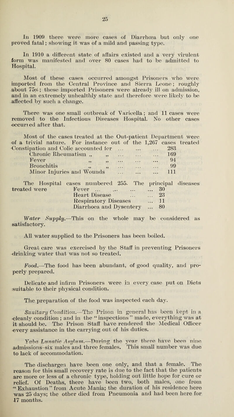 In 1909 there were more cases of Diarrhoea but only one proved fatal; showing it was of a mild and passing type. In 1910 a different state of affairs existed and a very virulent form was manifested and over 80 cases had to be admitted to Hospital. Most of these cases occurred amongst Prisoners who were imported from the Central Province and Sierra Leone; roughly about 75%; these imported Prisoners were already ill on admission, and in an extremely unhealt.hly state and therefore were likely to be affected by such a change. There was one small outbreak of Varicella; and 11 cases were removed to the Infectious Diseases Hospital. No other cases occur? ed after that. Most of the cases treated at the Out-patient Department were of a trivial nature. For instance out of the 1,267 cases treated Constipation and Colic accounted for ... ... ... 283 Chronic Rheumatism Fever Bronchitis „ Minor Injuries and Wounds V 169 94 99 111 The Hospital cases numbered 255. The principal diseases treated were Fever ... ... ... ... 30 Heart Disease ... ... 23 Respiratory Diseases ... 11 Diarrhoea and Dysentery ... 80 Water Supply.—This on the whole may be considered as satisfactory. All water supplied to the Prisoners has been boiled. Great care was exercised by the Staff in preventing Prisoners •drinking water that was not so treated. Food.—The food has been abundant, of good quality, and pro¬ perly prepared. Delicate and infirm Prisoners were in every case put on Diets suitable to their physical condition. The preparation of the food was inspected each day. Sanitary Condition.—The Prison in general has been kept in a cleanly condition ; and in the “ inspections ” made, everything was at it should be. The Prison Staff have rendered the Medical Officer every assistance in the earning out of his duties. Yaba Lunatic Asylum.—During the year there have been nine admissions-six males and three females. This small number was due to lack of accommodation. The discharges have been one only, and that a female. The reason for this small recovery rate is due to the fact that the patients are more or less of a chronic type, holding out little hope for cure or relief. Of Deaths, there have been two, both males, one from Exhaustion ” from Acute Mania; the duration of his residence here was 25 days; the other died from Pneumonia and had been here for .17 months.