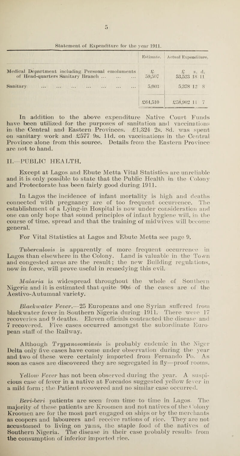 Statement of Expenditure for the year 1911. Estimate. Actual Expenditure. Medical Department including Personal emoluments of Head-quarters Sanitary Brand i. £ 59,507 £ s. d. 53,523 18 11 Sanitary 5,005 5,378 12 8 £64,510 £58,902 11 7 In addition to the above expenditure Native Court Funds have been utilized for the purposes of sanitation and vaccinations in the Central and Eastern Provinces. £1,324 2s. 3d. was spent on sanitary work and £577 9s. lid. on vaccinations in the Central Province alone from this source. Details from the Eastern Province are not to hand. II.—PUBLIC HEALTH. Except at Lagos and Ebute Metta Vital Statistics are unreliable and it is only possible to state that the Public Health in the Colony and Protectorate has been fairly good during 1911. In Lagos the incidence of infant mortality is high and deaths connected with pregnancy are of too frequent occurrence. The establishment of a Lying-in Hospital is now under consideration and one can only hope that sound principles of infant hygiene will, in the course of time, spread and that the training of midwives will become general. For Vital Statistics at Lagos and Ebute Metta see page 9. Tuberculosis is apparently of more frequent occurrence in Lagos than elsewhere in the Colony. Land is valuable in the Town and congested areas are the result; the new Building regulations, now in force, will prove useful in remedying this evil. Malaria is widespread throughout the whole of Southern Nigeria and it is estimated that quite 90%> of the cases are of the Aestivo-Autumnal variety. Blackwater Fever.—25 Europeans and one Syrian suffered from blackwater fever in Southern Nigeria during 1911. There were 17 recoveries and 9 deaths. Eleven officials contracted the disease and 7 recovered. Five cases occurred amongst the subordinate Euro¬ pean staff of the Railway. Although Trypanosomiasis is probably endemic in the Niger Delta only five cases have come under observation during the year and two of these were certainly imported from Fernando Po. As soon as cases are discovered they are segregated in fly—proof rooms. Yellow Fever has not been observed during the year. A suspi¬ cious case of fever in a native at Forcados suggested yellow fever in a mild form ; the Patient recovered and no similar case occurred. Beri-beri patients are seen from time to time in Lagos. The majority of these patients are Kroomen and not natives of the < 'olony Kroomen are for the most part engaged on ships or by the merchants as coopers and labourers and receive rations of rice. They are not accustomed to living on yams, the staple food of the natives of Southern Nigeria. The disease in their case probably results from the consumption of inferior imported rice.