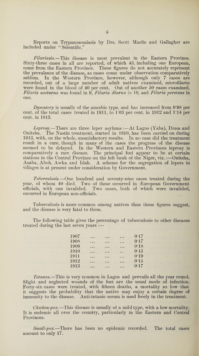 Reports on Trypanosomiasis by Drs. Scott Macfie and Gallagher are included under “ Scientific.” Filariasis.—This disease is most prevalent in the Eastern Province. Sixty-tliree cases in all are reported, of which 43, including one European, come from the Eastern Province. These figures do not accurately represent the prevalence of the disease, as cases come under observation comparatively seldom. In the Western Province, however, although only 7 cases are recorded, out of a large number of adult natives examined, microfilariae were found in the blood of 40 per cent. Out of another 50 cases examined, Filaria nocturna was found in 9, Filaria diurna in 10, and Filar ia per starts in one. Dysentery is usually of the amoebic type, and has increased from 0‘98 per cent, of the total cases treated in 1911, to P03 per cent, in 1912 and 1T4 per cent, in 1913. Leprosy.—There are three leper asylums :—At Lagos (Yaba), Ibusa and Onitsha. The Nastin treatment, started in 1910, has been carried on during 1913, with, on the whole, unsatisfactory results. In no case did the treatment result in a cure, though in many of the cases the progress of the disease seemed to be delayed. In the Western and Eastern Provinces leprosy is comparatively a rare disease. The principal foci appear to be at certain stations in the Central Province on the left bank of the Niger, viz.:—Onitsha, Asaba, Aboh, Awka and Idah. A scheme for the segregation of lepers in villages is at present under consideration by Government. Tuberculosis.—One hundred and seventy-nine cases treated during the year, of whom 40 died. Two of these occurred in European Government officials, with one invalided. Two cases, both of which were invalided, occurred in European non-officials. Tuberculosis is more common among natives than these figures suggest, and the disease is very fatal to them. The following table gives the percentage of tuberculosis to other diseases treated during the last seven years :— 1907 1908 1909 1910 1911 1912 1913 0T7 017 0Y8 015 0T9 0Y5 047 Tetanus.—This is very common in Lagos and prevails all the year round. Slight and neglected wounds of the feet are the usual mode of infection. Forty-six cases were treated, with fifteen deaths, a mortality so low that it suggests the probability that the native may enjoy a certain degree of immunity to the disease. Anti-tetanic serum is used freely in the treatment. Chicken-pox.—This disease is usually of a mild type, with a low mortality. It is endemic all over the country, particularly in the Eastern and Central Provinces. Small-pox.—There has been no epidemic recorded. The total cases amount to only 17.