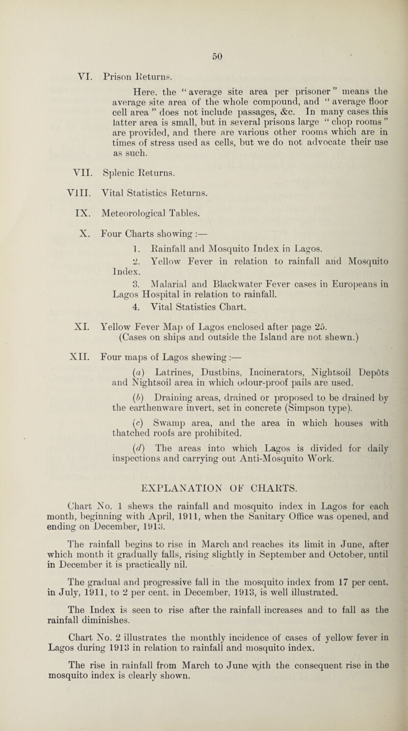 VI. Prison Returns. Here, the “ average site area per prisoner ” means the average site area of the whole compound, and “ average floor cell area ” does not include passages, &c. In many cases this latter area is small, but in several prisons large “ chop rooms ” are provided, and there are various other rooms which are in times of stress used as cells, but we do not advocate their use as such. VII. Splenic Returns. VIII. Vital Statistics Returns. IX. Meteorological Tables. X. Four Charts showing :— 1. Rainfall and Mosquito Index in Lagos. 2. Yellow Fever in relation to rainfall and Mosquito Index. 3. Malarial and Black water Fever cases in Europeans in Lagos Hospital in relation to rainfall. 4. Vital Statistics Chart. XI. Yellow Fever Map of Lagos enclosed after page 25. (Cases on ships and outside the Island are not shewn.) XII. Four maps of Lagos shewing :— (a) Latrines, Dustbins, Incinerators, Nigbtsoil Dep6ts and Niglitsoil area in which odour-proof pails are used. (b) Draining areas, drained or proposed to be drained by the earthenware invert, set in concrete (Simpson type). (c) Swamp area, and the area in which houses with thatched roofs are prohibited. (d) The areas into which Lagos is divided for daily inspections and carrying out Anti-Mosquito Work. EXPLANATION OF CHARTS. Chart No. 1 shews the rainfall and mosquito index in Lagos for each month, beginning with April, 1911, when the Sanitary Office was opened, and ending on December, 1913. The rainfall begins to rise in March and reaches its limit in June, after which month it gradually falls, rising slightly in September and October, until in December it is practically nil. The gradual and progressive fall in the mosquito index from 17 per cent, in July, 1911, to 2 per cent, in December, 1913, is well illustrated. The Index is seen to rise after the rainfall increases and to fall as the rainfall diminishes. Chart No. 2 illustrates the monthly incidence of cases of yellow fever in Lagos during 1913 in relation to rainfall and mosquito index. The rise in rainfall from March to June with the consequent rise in the mosquito index is clearly shown.