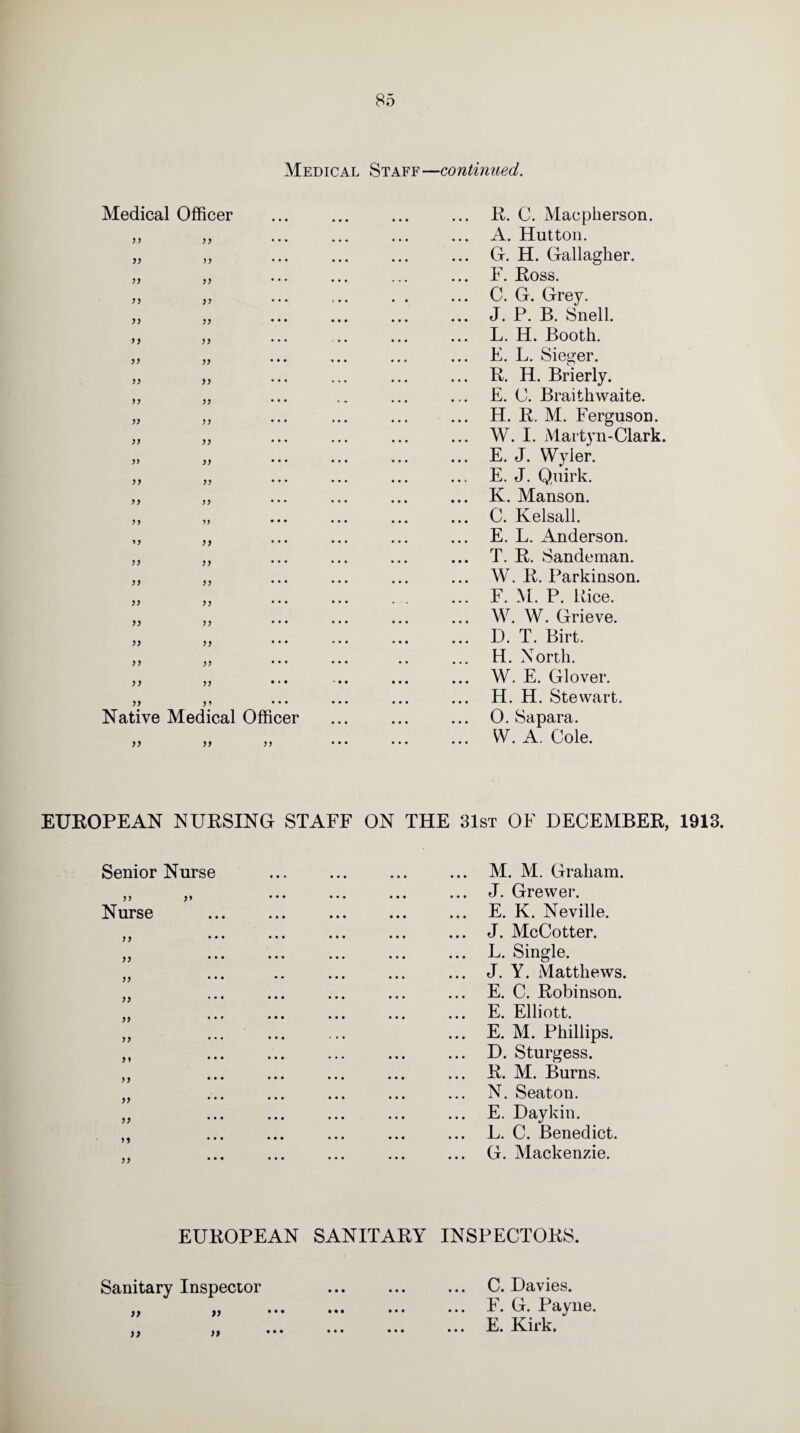 Medical Staff—continued. Medical Officer ) 9 99 ... 99 99 ... 99 99 99 99 ... 99 99 • • • 9 9 99 • • • 99 99 • • • 99 99 • • • 99 99 • • • 99 99 • • • 99 99 • • • 99 99 • • • 99 99 • • • 99 99 ... 99 99 ... 99 99 ... 99 99 • • • 99 99 • • • 99 99 • • • 99 99 • • • 99 99 • • • 99 99 • • • 9 9 99 • * • 99 9 9 • • • Native Medical Officer >) 99 ... R. C. Macpherson. ... A. Hutton. ... G. H. Gallagher. ... F. Ross. ... C. G. Grey. ... J. P. B. Snell. ... L. H. Booth. ... E. L. Sieger. ... R. H. Brierly. ... E. C. Braithwaite. ... H. R. M. Ferguson. ... W. I. Martyn-Clark. ... E. J. Wyler. E. J. Quirk. ... K. Manson. ... C. Kelsall. ... E. L. Anderson. ... T. R. Sandeman. W. R. Parkinson. F. M. P. Rice. W. W. Grieve. ... D. T. Birt. ... H. North. ... W. E. Glover. H. H. Stewart. 0. Sapara. ... W. A. Cole. EUROPEAN NURSING STAFF ON THE 31st OF DECEMBER, 1913. Senior Nurse >> >» Nurse j > }) )> }> M. M. Graham. J. Grewer. E. K. Neville. J. McCotter. L. Single. J. Y. Matthews. E. C. Robinson. E. Elliott. E. M. Phillips. D. Sturgess. R. M. Burns. N. Seaton. E. Day kin. L. C. Benedict. G. Mackenzie. EUROPEAN SANITARY INSPECTORS. Sanitary Inspector )) )> >) C. Davies. F. G. Payne. E. Kirk. }f • • • • • •