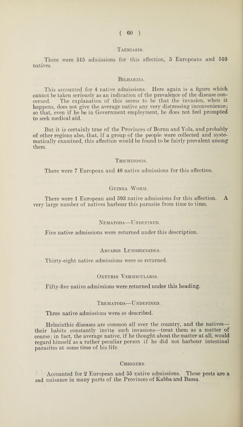 Taeniasis. There were 515 admissions for this affection, 5 Europeans and 510 natives. Bilharzia. This accounted for 4 native admissions. Here again is a figure which cannot be taken seriously as an indication of the prevalence of the disease con¬ cerned. The explanation of this seems to be that the invasion, when it happens, does not give the average native any very distressing inconvenience; so that, even if he be in Government employment, he does not feel prompted to seek medical aid. But it is certainly true of the Provinces of Bornu and Yola, and probably of other regions also, that, if a group of the people were collected and syste¬ matically examined, this affection would be found to be fairly prevalent among them. Trichinosis. There were 7 European and 46 native admissions for this affection. Guinea Worm. There were 1 European and 593 native admissions for this affection. A very large number of natives harbour this parasite from time to time. NeMATODA-ET NDEFINED. Five native admissions were returned under this description. Ascaris Lumbricoides. Thirty-eight native admissions were so returned. Oxyuris Vermicularis. Fifty-five native admissions were returned under this heading. TrEMATODA-U NDEFINED. Three native admissions were so described. Helminthic diseases are common all over the country, and the natives— their habits constantly invite such invasions—treat them as a matter of course; in fact, the average native, if he thought about the matter at all, would regard himself as a rather peculiar person if he did not harbour intestinal parasites at some time of his life. Chiggers. Accounted for 2 European and 55 native admissions. Those pests are a sad nuisance in many parts of the Provinces of Kabba and Bassa.