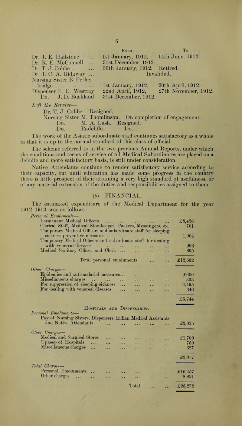 Dr. J. E. Hailstone Dr. R. E. McConnell ... Dr. T. J. Cobbe ... Dr. J. C. A. Ridgway ... Nursing Sister B Pether- bridge ... Dispenser E. E. Westray Do. J. D. Buckland From To 1st January, 1912, 14th June, 1912. 31st December, 1912. 30th January, 1912. Retired. Invalided. 1st January, 1912, 20th April, 1912. 22nd April, 1912, 27th November, 1912. 31st December, 1912. Left the Service— Dr. T. J. Cobbe. Resigned. Nursing Sister M. Thomlinson. On completion of engagement. Do. M. A. Lush. Resigned. Do. Radcliffe. Do. The work of the Asiatic subordinate staff continues satisfactory as a whole in that it is up to the normal standard of this class of official. The scheme referred to in the two previous Annual Reports, under which the conditions and terms of service of all Medical Subordinates are placed on a definite and more satisfactory basis, is still under consideration. Native Attendants continue to render satisfactory service according to their capacity, but until education has made some progress in the country there is little prospect of their attaining a very high standard of usefulness, or of any material extension of the duties and responsibilities assigned to them. (h) FINANCIAL. The estimated expenditure of the Medical Department for the year 1912-1913 was as follows :— Personal Emoluments— Permanent Medical Officers ... ... ... ... ... £8,426 Clerical Staff, Medical Storekeeper, Packers, Messengers, &c. 701 Temporary Medical Officers and subordinate staff for sleeping- sickness preventive measures ... ... ... ... ... 1,904 Temporary Medical Officers and subordinate staff for dealing with venereal diseases ... ... ... ... ... 996 Medical Sanitary Officer and Clerk ... ... ... ... 605 Total personal emoluments ... ... £12,632 Other Charges— Epidemics and anti-malarial measures... ... ... ... £600 Miscellaneous charges ... ... ... ... ... ... 303 For suppression of sleeping-sickness ... ... ... ... 4,495 For dealing with venereal diseases ... ... ... ... 346 £5,744 Hospitals and Dispensaries. Personal Emoluments— Pay of Nursing Sisters, Dispensers, Indian Medical Assistants and Native Attendants ... ... ... ... ... £3,825 Other Charges— Medical and Surgical Stores .... ... ... ... ... £1,700 Upkeep of Hospitals ... ... ... ... ... ... 750 Miscellaneous charges ... ... ... ... ... ... 627 £3,077 Total Charges— Personal Emoluments ... ... ... ... ... ... £16,457 Other charges ... ... ... ... ... ... ... 8,821 Total . £25,278