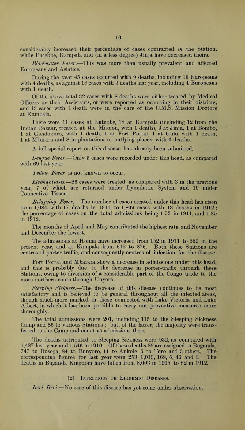 considerably increased tlieir percentage of cases contracted in the Station, while Entebbe, Kampala and (in a less degree) Jinja have decreased theirs. Blackwater Fever.—This was more than usually prevalent, and affected Europeans and Asiatics. During the year 45 cases occurred with 9 deaths, including 10 Europeans with 4 deaths, as against 18 cases with 3 deaths last year, including 4 Europeans with 1 death. Of the above total 32 cases with 8 deaths were either treated by Medical Officers or their Assistants, or were reported as occurring in their districts, and 13 cases with 1 death were in the care of the C.M.S. Mission Doctors at Kampala. There were 11 cases at Entebbe, 18 at Kampala (including 12 from the Indian Bazaar, treated gt the Mission, with 1 death), 3 at Jinja, 1 at Bombo, 1 at Gondokoro, with 1 death, 1 at Fort Portal, 1 at Gulu, with 1 death, 1 at Mbarara and 8 in plantations or outlying places, with 6 deaths. A full special report on this disease has already been submitted. Dengue Fever.—Only 5 cases were recorded under this head, as compared with 69 last year. Yellow Fever is not known to occur. Elephantiasis.—26 cases were treated, as compared with 3 in the previous year, 7 of which are returned under Lymphatic System and 19 under Connective Tissue. Relapsing Fever.—The number of cases treated under this head has risen from 1,084 with 17 deaths in 1911, to 1,809 cases with 13 deaths in 1912; the percentage of cases on the total admissions being P53 in 1911, and 1*85 in 1912. The months of April and May contributed the highest rate, and November and December the lowest. The admissions at Hoima have increased from 152 in 1911 to 559 in the present year, and at Kampala from 612 to 876. Both these Stations are centres of porter-traffic, and consequently centres of infection for the disease. Fort Portal and Mbarara show a decrease in admissions under this head, and this is probably due to the decrease in porter-traffic through these Stations, owing to diversion of a considerable part of the Congo trade to the more northern route through Unyoro. Sleeping Sickness.—The decrease of this disease continues to be most satisfactory and is believed to be general throughout all the infected areas, though much more marked in those connected with Lake Victoria and Lake Albert, in which it has been possible to carry out preventive measures more thoroughly. The total admissions were 201, including 115 to the Sleeping Sickness Camp and 86 to various Stations ; but, of the latter, the majority were trans¬ ferred to the Camp and count as admissions there. The deaths attributed to Sleeping Sickness were 932, as compared with 1,487 last year and 1,546 in 1910. Of these deaths 82 are assigned to Buganda, 747 to Busoga, 84 to Bunyoro, 11 to Ankole, 5 to Toro and 3 others. The corresponding figures for last year were 253, 1,013, 168, 6, 46 and 1. The deaths in Buganda Kingdom have fallen from 8,003 in 1905, to 82 in 1912. (2) Infectious or Epidemic Diseases. Fieri Beri.—No case of this disease has yet come under observation. /