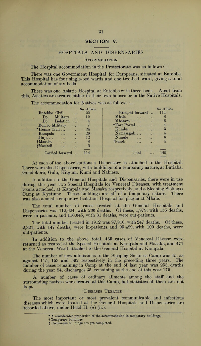 SECTION V. HOSPITALS AND DISPENSARIES. Accommodation. The Hospital accommodation in the Protectorate was as follows :— There was one Government Hospital for Europeans, situated at Entebbe. This Hospital has four single-bed wards and one two-bed ward, giving a total accommodation of six beds. There was one Asiatic Hospital at Entebbe with three beds. Apart from this, Asiatics are treated either in their own houses or in the Native Hospitals. The accommodation for Natives was as follows :— No. of Beds. Entebbe Civil ... 22 Do. Military ... 12 Do. Isolation ... 4 Bombo Military ... 7 *Hoima Civil. 24 Kampala ... ... 20 Jinja ... ... ... 12 t Masaka ... ... 8 fMasindi .... ... 5 Carried forward ... 114 No. of Beds. Brought forward ... 114 Mbale ... ... 8 Mbarara ... ... 6 tFort Portal ... ... 4 Kumba ... ... 3 Namasagali ... ... 4 Nimule ... ... 6 tSeroti ... ... 4 Total ... 149 At each of the above stations a Dispensary is attached to the Hospital. There were also Dispensaries, with buildings of a temporary nature, at Butiaba, Gondokoro, Gulu, Kitgum, Kumi and Nabieso. In addition to the General Hospitals and Dispensaries, there were in use during the year two Special Hospitals for Venereal Diseases, with treatment rooms attached, at Kampala and Masaka respectively, and a Sleeping Sickness Camp at Kyetume. These buildings are all of a temporary nature. There was also a small temporary Isolation Hospital for plague at Mbale. The total number of cases treated at the General Hospitals and Dispensaries was 112,624, with 236 deaths. Of these, 1,979, with 155 deaths, were in-patients, and 110,645, with 81 deaths, were out-patients. The total number treated in 1912 was 97,810, with 247 deaths. Of these, 2,321, with 147 deaths, were in-patients, and 95,489, with 100 deaths, were out-patients. In addition to the above total, 465 cases of Venereal Disease were returned as treated at the Special Hospitals at Kampala and Masaka, and 471 at the Venereal Ward attached to the General Hospital at Kampala. The number of new admissions to the Sleeping Sickness Camp was 45, as against 115, 153 and 592 respectively in the preceding three years. The number of cases remaining in Camp at the end of last year was 253, deaths during the year 84, discharges 35, remaining at the end of this year 179. A number of cases of ordinary ailments among the staff and the surrounding natives were treated at this Camp, but statistics of them are not kept. Diseases Treated. The most important or most prevalent communicable and infectious diseases which were treated at the General Hospitals and Dispensaries are recorded above, under Head II. (a) (ii.). * A considerable proportion of tbe accommodation in temporary buildings, t Temporary buildings, f Permanent buildings not yet completed.