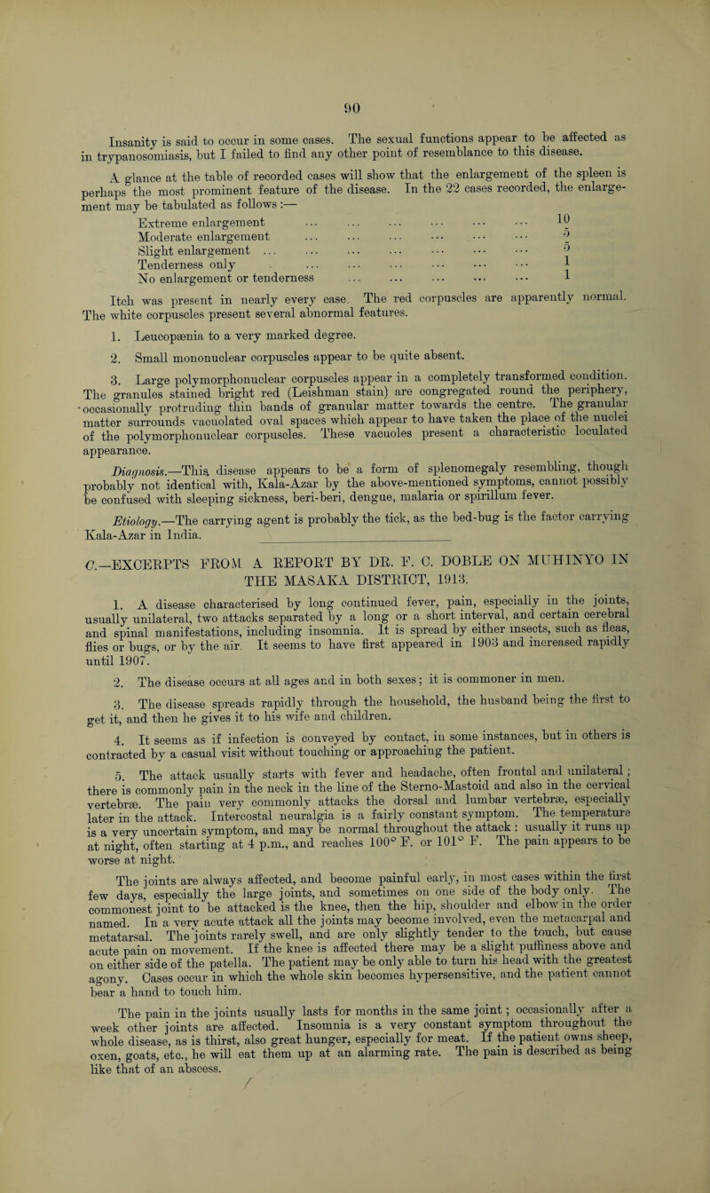 Insanity is said to occur in some cases. The sexual functions appear to he affected as in trypanosomiasis, hut I failed to find any other point of resemblance to this disease. A glance at the table of recorded cases will show that the enlargement of the spleen is perhaps the most prominent feature of the disease. In the 22 cases recorded, the enlarge¬ ment may he tabulated as follows : Extreme enlargement ... ... ... ... • • • • • • 10 Moderate enlargement ... ... ... ••• ••• ••• 0 Slight enlargement ... ... ... ... • • • • • ■ • • • 0 Tenderness only . ... ... ••• ••• ••• 1 No enlargement or tenderness ... ... ... • •• ••• 1 Itch was present in nearly every case. The red corpuscles are apparently normal. The white corpuscles present several abnormal features. 1. Leucopaenia to a very marked degree. 2. Small mononuclear corpuscles appear to he quite absent. 3. Large polymorphonuclear corpuscles appear in a completely transformed condition. The granules stained bright red (Leishman stain) are congregated round the periphery, ■occasionally protruding thin hands of granular matter towards the centre. Ihe gianulai matter surrounds vacuolated oval spaces which appear to have taken the place of the nuclei of the polymorphonuclear corpuscles. These vacuoles present a characteristic loculated appearance. Diagnosis—This, disease appears to he a form of splenomegaly resembling, though probably not identical with, Kala-Azar by the above-mentioned symptoms, cannot possibly be confused with sleeping sickness, heri-heri, dengue, malaria or spirillum fever. Etiology.—The carrying agent is probably the tick, as the bed-hug is the factor carrying Kala-Azar in India. _ C— EXCERPTS FROM A REPORT BY DR. E. C. DOBLE ON MUHINYO IN THE MASAKA DISTRICT, 1913. 1. A disease characterised by long continued fever, pain, especially in the joints, usually unilateral, two attacks separated by a long or a short interval, and certain cerebral and spinal manifestations, including insomnia. It is spread by either insects, such as fleas, flies or hugs, or by the air. It seems to have first appeared in 1903 and increased rapidly until 1907. 2. The disease occurs at all ages and in both sexes; it is commoner in men. 3. The disease spreads rapidly through the household, the husband being the first to get it, and then he gives it to his wife and children. 4. It seems as if infection is conveyed by contact, in some instances, hut in others is contracted by a casual visit without touching or approaching the patient. 5. The attack usually starts with fever and headache, often frontal and unilateral; there is commonly pain m the neck in the line of the Sterno-Mastoid and also in the ceivical vertebral. The pain very commonly attacks the dorsal and lumbar veitehrse, especially later in the attack. Intercostal neuralgia is a fairly constant symptom. The temperature is a very uncertain symptom, and may be normal throughout the attack : usually it runs up at night, often starting at 4 p.m., and reaches 100° E. or 101° F. The pain appears to he worse at night. The joints are always affected, and become painful early, in most cases within the first few days, especially the large joints, and sometimes on one side of the body only. The commonest joint to he attacked is the knee, then the hip, shoulder and elbow in the order named. In a very acute attack all the joints may become involved, even the metacarpal and metatarsal The‘joints rarely swell, and are only slightly tender to the touch, but cause acute pain on movement. If the knee is affected there may be a slight puffiness above and on either side of the patella. The patient may he only able to turn his head with the greatest agony. Oases occur in which the whole skin becomes hypersensitive, and the patient cannot bear a hand to touch him. The pam m the joints usually lasts for months in the same joint, occasionally attei a week other joints are affected. Insomnia is a very constant symptom throughout the whole disease, as is thirst, also great hunger, especially for meat. If the patient owns sheep, oxen, goats, etc., he will eat them up at an alarming rate. The pain is described as being like that of an abscess. /