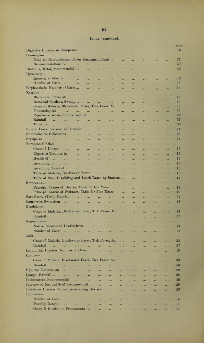 Index—continued. Digestive Illnesses in Europeans Drainage— Need for Establishment of, on Permanent Basis... Recommendations re Dustbins, Metal, recommended ... Dysentery— Increase at Masindi Number of Cases Elephantiasis, Number of Cases... Entebbe— Blackwater Fever at Botanical Gardens, Swamp... Cases of Malaria, Blackwater Feve Meteorological Pipe-borne Water Supply required Rainfall Table IV. Enteric Fever, one case at Entebbe Entomological Collections Erysipelas European Officials— Cases of Illness Digestive Troubles in Tick Fever, etc. Health of Invaliding of Invaliding, Table of Table of Malaria, Blackwater Fever Table of Sick, Invaliding and Death Rates by Stations... Europeans— Principal Causes of Deaths, Table for Six Years Principal Causes of Sickness, Table for Five Years Fort Portal (Toro), Rainfall Gauze-wire Protection Gondokoro— Cases of Malaria, Blackwater Fever, Tick Fever, &c. Rainfall Gonorrhoea— Native Returns of Deaths from ... Number of Cases Gulu— Cases of Malaria, Blackwater Fever, Tick Fever, &c. Rainfall Helminthic Diseases, Number of Cases Hoima— Cases of Malaria, Blackwater Fever, Tick Fever, &c. Rainfall Hygiene, Lectures on Iganga, Rainfall ... Incinerators, Not successful Increase of Medical Staff recommended Infectious Diseases Ordinance requiring Revision Influenza- Number of Cases ... ... ... ... ... ... Possibly Dengue Query if it exists in Protectorate ...