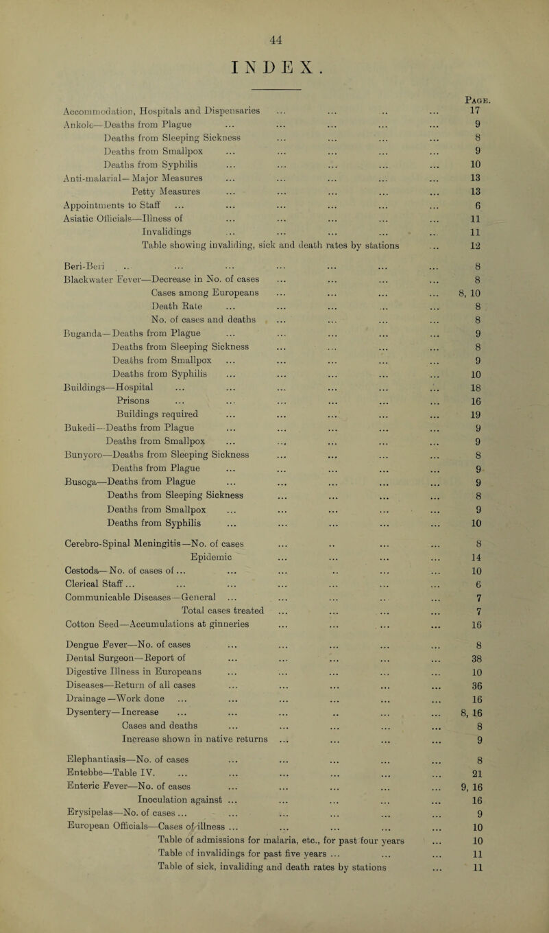 INDEX. Page. Accommodation, Hospitals and Dispensaries ... ... .. ... 17 Ankole—Deaths from Plague ... ... ... ... ... 9 Deaths from Sleeping Sickness ... ... ... ... 8 Deaths from Smallpox ... ... ... ... ... 9 Deaths from Syphilis ... ... ... ... ... 10 Anti-malarial—Major Measures ... ... ... ... ... 13 Petty Measures ... ... ... ... ... 13 Appointments to Staff ... ... ... ... ... ... 6 Asiatic Officials—Illness of ... ... ... ... ... 11 Invalidings ... ... ... ... ... 11 Table showing invaliding, sick and death rates by stations ... 12 Beri-Beri ... ... ... ... ... ... ... 8 Blackwater Fever—Decrease in No. of cases ... ... ... ... 8 Cases among Europeans ... ... ... ... 8, 10 Death Rate ... ... ... ... ... 8 No. of cases and deaths ... ... ... ... 8 Buganda— Deaths from Plague ... ... ... ... ... 9 Deaths from Sleeping Sickness ... ... ... ... 8 Deaths from Smallpox ... ... ... ... ... 9 Deaths from Syphilis ... ... ... ... ... 10 Buildings—Hospital ... ... ... ... ... ... 18 Prisons ... ... ... ... ... ... 16 Buildings required ... ... ... ... ... 19 Bukedi—Deaths from Plague ... ... ... ... ... 9 Deaths from Smallpox ... ... ... ... ... 9 Bunyoro—Deaths from Sleeping Sickness ... ... ... ... 8 Deaths from Plague ... ... ... ... ... 9 Busoga—Deaths from Plague ... ... ... ... ... 9 Deaths from Sleeping Sickness ... ... ... ... 8 Deaths from Smallpox ... ... ... ... ... 9 Deaths from Syphilis ... ... ... ... ... 10 Cerebro-Spinal Meningitis—No. of cases ... .. ... ... 8 Epidemic ... ... ... ... 14 Cestoda—No. of cases of... ... ... .. ... ... 10 Clerical Staff... ... ... ... ... ... ... 6 Communicable Diseases—General ... ... ... .. ... 7 Total cases treated ... ... ... ... 7 Cotton Seed—Accumulations at ginneries ... ... ... ... 16 Dengue Fever—No. of cases ... ... ... ... ... 8 Dental Surgeon—Eeport of ... ... ... ... ... 38 Digestive Illness in Europeans ... ... ... ... ... 10 Diseases—Return of all cases ... ... ... ... ... 36 Drainage—Work done ... ... ... ... ... ... 16 Dysentery—Increase ... ... ... .. ... ... 8, 16 Cases and deaths ... ... ... ... ... 8 Increase shown in native returns ... ... ... ... 9 Elephantiasis—No. of cases ... ... ... ... ... 8 Entebbe—Table IV. ... ... ... ... ... ... 21 Enteric Fever—No. of cases ... ... ... ... ... 9, 16 Inoculation against ... ... ... ... ... 16 Erysipelas—No. of cases... ... ... ... ... ... 9 European Officials—Cases of illness ... ... ... ... ... 10 Table of admissions for malaria, etc., for past four years ... 10 Table of invalidings for past five years ... ... ... 11 Table of sick, invaliding and death rates by stations ... 11