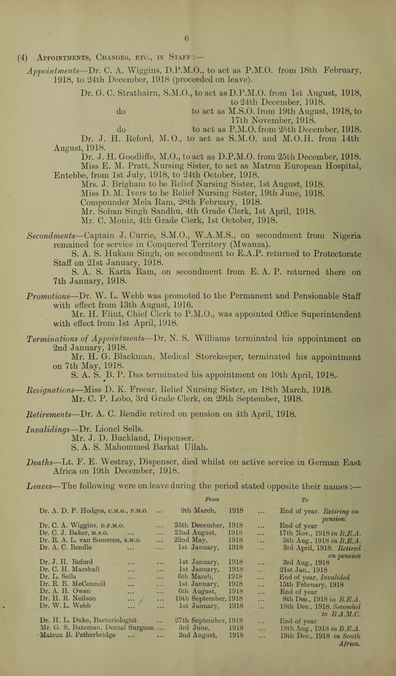 (4) Appointments, Changes, etc., in Staff :— Appointments—Dr. C. A. Wiggins, D.P.M.O., to act as P.M.O. from 18th February, 1918, to 24th December, 1918 (proceeded on leave). Dr. G. C. Strathairn, S.M.O., to act as D.P.M.O. from 1st August, 1918, to 24th December, 1918. do to act as M.S.O. from 19th August, 1918, to 17th November, 1918. do to act as P.M.O. from 26th December, 1918. Dr. J. H. Reford, M. 0., to act as S.M.O. and M.O.H. from 14th August, 1918. Dr. J. H. Goodliffe, M.O., to act as 1).P.M.O. from 25th December, 1918. Miss E. M. Pratt, Nursing Sister, to act as Matron European Hospital, Entebbe, from 1st July, 1918, to 24th October, 1918. Mrs. J. Brigham to be Relief Nursing Sister, 1st August, 1918. Miss D. M. Ivers to be Relief Nursing Sister, 19th June, 1918. Compounder Mela Ram, 28th February, 1918. Mr. Sohan Singh Sandhu, 4th Grade Clerk, 1st April, 1918. Mr. C. Moniz, 4th Grade Clerk, 1st October, 1918. Secondments—Captain J. Currie, S.M.O., W.A.M.S., on secondment from Nigeria remained for service in Conquered Territory (Mwanza). S. A. S. Hukam Singh, on secondment to E.A.P. returned to Protectorate Staff on 21st January, 1918. S. A. S. Karta Ram, on secondment from E. A. P. returned there on 7th January, 1918. Promotions—Dr. W. L. Webb was promoted to the Permanent and Pensionable Staff with effect from 13th August, 1916. Mr. H. Flint, Chief Clerk to P.M.O., was appointed Office Superintendent with effect from 1st April, 1918. Terminations of Appointments—Dr. N. S. Williams terminated his appointment on 2nd January, 1918. Mr. H. G. Blackman, Medical Storekeeper, terminated his appointment on 7th May, 1918. S. A. S. B. P. Das terminated his appointment on 10th April, 1918.- Resignations—Miss 1). K. Freear, Relief Nursing Sister, on 18th March, 1918. Mr. C. P. Lobo, 3rd Grade Clerk, on 29th September, 1918. Retirements—Dr. A. C. Rendle retired on pension on 4th April, 1918. Invalidings—Dr. Lionel Sells. Mr. J. D. Buckland, Dispenser. S. A. S. Mahommed Barkat Ullah. Deaths—Lt. F. E. Westray, Dispenser, died whilst on active service in German East Africa on 19th December, 1918. Leaves—The following were on leave during the period stated opposite their names :— Dr. A. D. P. Hodges, c.m.g., p.m.o. Dr. C. A. Wiggins, d.p.m.o. Dr. 0. J. Baker, m.s.o. Dr. E. A. L. van Someren, s.m.o. Dr. A. C. Rendle Dr. J. H. Eeford Dr. C. H. Marshall Dr. L. Sells Dr. E. E. McConnell Dr. A. H. Owen Dr. H. E. Neilson Dr. W.L. Webb Dr. H. L. Duke, Bacteriologist Mr. G. S. Bateman, Dental Surgeo Matron B. Petberbridge From 9th March, 1918 25th December, 1918 22nd August, 1918 22nd May, 1918 1st January, 1918 1st January, 1918 1st January, 1918 ... 6th March, 1918 1st January, 1918 6th August, 1918 19th September, 1918 ... 1st January, 1918 27th September, 1918 3rd June, 1918 ... 2nd August, .1918 To End of year. Retiring on pension End of year 17th Nov., 1918 inB.E.A. 5th Aug., 1918 inB.E.A. 3rd April, 1918. Retired on pension 3rd Aug., 1918 21st Jan., 1918 End of year, Invalided 15th February, 1918 End of year 8th Dec., 1918 in B.E.A. 18th Dec., 1918. Seconded to R.A.M.C. End of year 18th Aug., 1918 inB.E.A. 19th Dec., 1918 in South Africa.