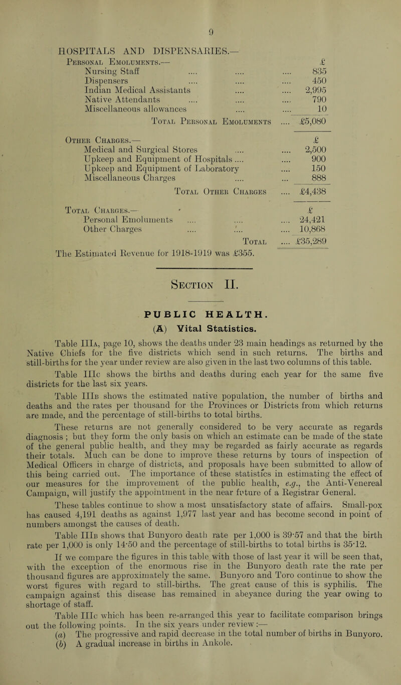 HOSPITALS AND DISPENSARIES.— Personal Emoluments.— 4 Nursing Staff .... .... .... 835 Dispensers .... .... .... 450 Indian Medical Assistants .... .... 2,995 Native Attendants .... .... .... 790 Miscellaneous allowances .... .... 10 Total Personal Emoluments .... 45,080 Other Charges.— £ Medical and Surgical Stores .... .... 2,500 Upkeep and Equipment of Hospitals.... .... 900 Upkeep and Equipment of Laboratory .... 150 Miscellaneous Charges .... ... 888 Total Other Charges .... 44,438 Total Charges.— * £ Personal Emoluments .... .... .... 24,421 Other Charges .... .'... .... 10,868 Total ....”435,289 The Estimated Revenue for 1918-1919 was 4355. Section II. PUBLIC HEALTH. (A) Vital Statistics. Table IIIa, page 10, shows the deaths under 23 main headings as returned by the Native Chiefs for the five districts which send in such returns. The births and still-births for the year under review are also given in the last two columns of this table. Table IIIc shows the births and deaths during each year for the same five districts for the last six years. Table IIIb shows the estimated native population, the number of births and deaths and the rates per thousand for the Provinces or Districts from which returns are made, and the percentage of still-births to total births. These returns are not generally considered to be very accurate as regards diagnosis ; but they form the only basis on which an estimate can be made of the state of the general public health, and they may be regarded as fairly accurate as regards their totals. Much can be done to improve these returns by tours of inspection of Medical Officers in charge of districts, and proposals have been submitted to allow of this being carried out. The importance of these statistics in estimating the effect of our measures for the improvement of the public health, e.g., the Anti-Venereal Campaign, will justify the appointment in the near future of a Registrar General. These tables continue to show a most unsatisfactory state of affairs. Small-pox has caused 4,191 deaths as against 1,977 last year and has become second in point of numbers amongst the causes of death. Table IIIb shows that Bunyoro death rate per 1,000 is 39-57 and that the birth rate per 1,000 is only 14-50 and the percentage of still-births to total births is 35-12. If we compare the figures in this table with those of last year it will be seen that, with the exception of the enormous rise in the Bunyoro death rate the rate per thousand figures are approximately the same. Bunyoro and Toro continue to show the worst figures with regard to still-births. The great cause of this is syphilis. The campaign against this disease has remained in abeyance during the year owing to shortage of staff. Table IIIc which has been re-arranged this year to facilitate comparison brings out the following points. In the six years under review:— (a) The progressive and rapid decrease in the total number of births in Bunyoro. (b) A gradual increase in births in Ankole.