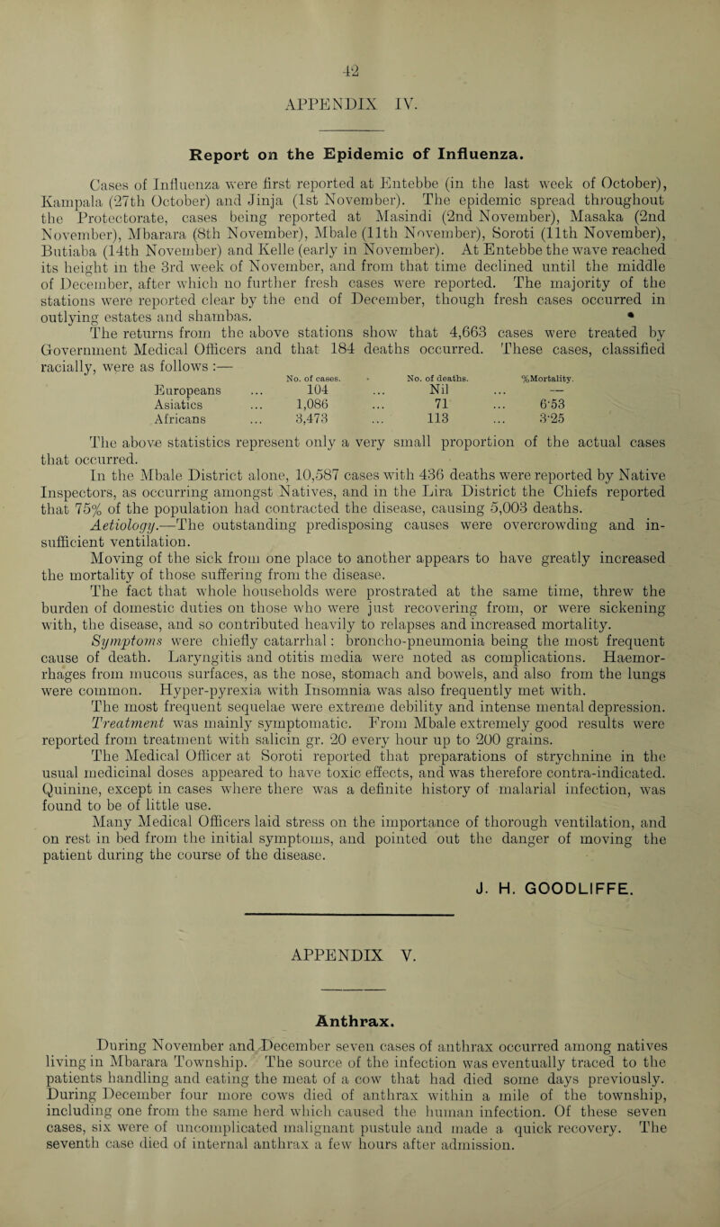 APPENDIX IV. Report on the Epidemic of Influenza. Cases of Influenza were first reported at Entebbe (in the fast week of October), Kampala (27th October) and Jinja (1st November). The epidemic spread throughout the Protectorate, cases being reported at Masindi (2nd November), Masaka (2nd November), Mbarara (8th November), Mbale (lltli November), Soroti (11th November), Butiaba (14th November) and Kelle (early in November). At Entebbe the wave reached its height in the 3rd week of November, and from that time declined until the middle of December, after which no further fresh cases were reported. The majority of the stations were reported clear by the end of December, though fresh cases occurred in outlying estates and shambas. • The returns from the above stations show that 4,663 cases were treated by Government Medical Officers and that 184 deaths occurred. These cases, classified racially, were as follows :— No. of cases. No. of deaths. %Mortality. Europeans 104 Nil — Asiatics 1,086 71 6-53 Africans 3,473 113 3-25 The above statistics represent only a very small proportion of the actual cases that occurred. In the Mbale District alone, 10,587 cases with 436 deaths were reported by Native Inspectors, as occurring amongst Natives, and in the Lira District the Chiefs reported that 75% of the population had contracted the disease, causing 5,003 deaths. Aetiology.—The outstanding predisposing causes were overcrowding and in¬ sufficient ventilation. Moving of the sick from one place to another appears to have greatly increased the mortality of those suffering from the disease. The fact that whole households were prostrated at the same time, threw the burden of domestic duties on those who were just recovering from, or were sickening with, the disease, and so contributed heavily to relapses and increased mortality. Symptoms were chiefly catarrhal: broncho-pneumonia being the most frequent cause of death. Laryngitis and otitis media were noted as complications. Haemor¬ rhages from mucous surfaces, as the nose, stomach and bowels, and also from the lungs were common. Hyper-pyrexia with Insomnia was also frequently met with. The most frequent sequelae were extreme debility and intense mental depression. Treatment was mainly symptomatic. From Mbale extremely good results were reported from treatment with salicin gr. 20 every hour up to 200 grains. The Medical Officer at Soroti reported that preparations of strychnine in the usual medicinal doses appeared to have toxic effects, and was therefore contra-indicated. Quinine, except in cases where there was a definite history of malarial infection, was found to be of little use. Many Medical Officers laid stress on the importance of thorough ventilation, and on rest in bed from the initial symptoms, and pointed out the danger of moving the patient during the course of the disease. J. H. GOODLIFFE. APPENDIX V. Anthrax. During November and December seven cases of anthrax occurred among natives living in Mbarara Township. The source of the infection was eventually traced to the patients handling and eating the meat of a cow that had died some days previously. During December four more cows died of anthrax within a mile of the township, including one from the same herd which caused the human infection. Of these seven cases, six were of uncomplicated malignant pustule and made a quick recovery. The seventh case died of internal anthrax a few hours after admission.