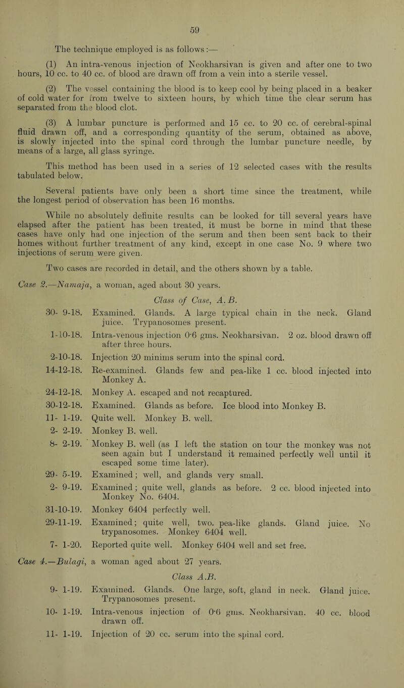 The technique employed is as follows:— (1) An intra-venous injection of Neokharsivan is given and after one to two hours, 10 cc. to 40 cc. of blood are drawn off from a vein into a sterile vessel. (2) The vessel containing the blood is to keep cool by being placed in a beaker of cold water for from twelve to sixteen hours, by which time the clear serum has separated from the blood clot. (3) A lumbar puncture is performed and 15 cc. to 20 cc. of cerebral-spinal fluid drawn off, and a corresponding quantity of the serum, obtained as above, is slowly injected into the spinal cord through the lumbar puncture needle, by means of a large, all glass syringe. This method has been used in a series of 12 selected cases with the results tabulated below. Several patients have only been a short time since the treatment, while the longest period of observation has been 16 months. While no absolutely definite results can be looked for till several years have elapsed after the patient has been treated, it must be borne in mind that these cases have only had one injection of the serum and then been sent back to their homes without further treatment of any kind, except in one case No. 9 where two injections of serum were given. Two cases are recorded in detail, and the others shown by a table. Case 2.—Namaja, a woman, aged about 30 years. 30- 9-18. 1-10-18. 2-10-18. 14-12-18. 24-12-18. 30-12-18. 11- 1-19. 2- 2-19. 8- 2-19. 29- 5-19. 2- 9-19. 31-10-19. 29-11-19. 7- 1-20. Case 4.—Bulagi, 9- 1-19. 10- 1-19. 11- 1-19. Class of Case, A.B. Examined. Glands. A large typical chain in the neck. Gland juice. Trypanosomes present. Intra-venous injection 0-6 gms. Neokharsivan. 2 oz. blood drawn off after three hours. Injection 20 minims serum into the spinal cord. Be-examined. Glands few and pea-like 1 cc. blood injected into Monkey A. Monkey A. escaped and not recaptured. Examined. Glands as before. Ice blood into Monkey B. Quite well. Monkey B. well. Monkey B. well. Monkey B. well (as I left the station on tour the monkey was not seen again but I understaud it remained perfectly well until it escaped some time later). Examined; well, and glands very small. Examined; quite well, glands as before. 2 cc. blood injected into Monkey No. 6404. Monkey 6404 perfectly well. Examined; quite well, two. pea-like glands. Gland juice. No trypanosomes. Monkey 6404 well. Eeported quite well. Monkey 6404 well and set free. a woman aged about 27 years. Class A.B. Examined. Glands. One large, soft, gland in neck. Gland juice. Trypanosomes present. Intra-venous injection of 0'6 gms. Neokharsivan. 40 cc. blood drawn off. Injection of 20 cc. serum into the spinal cord.