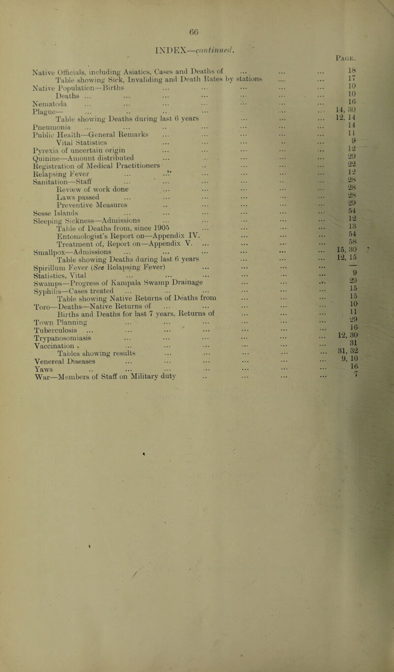 Page. INDEX —continued. Native Officials, including Asiatics, Cases and Deaths of ... Table showing Sick, Invaliding and Death Hates by stations Native Population—Births Deaths ... Nematoda Plague— Table showing Deaths during last 6 years Pneumonia Public Health—General Remarks Vital Statistics Pyrexia of uncertain origin Quinine—Amount distributed Registration of Medical Practitioners Relapsing Fever ... Sanitation—-Staff ... ' ... Review of work done Laws passed Preventive Measures Sesse Islands Sleeping Sickness—Admissions Table of Deaths from, since 1905 ... Entomologist’s Report on—Appendix IV. Treatment of, Report on—Appendix V. Smallpox—Admissions Table showing Deaths during last 6 years Spirillum Fever (See Relapsing Fever) Statistics, Vital Swamps—Progress of Kampala Swamp Drainage Syphilis—Cases treated Table showing Native Returns of Deaths from Toro—Deaths—Native Returns of Births and Deaths for last 7 years, Returns of Town Planning- Tuberculosis Trypanosomiasis Vaccination . Tables showing results Venereal Diseases Yaws War—Members of Staff on Military duty 15 17 10 10 16 14, 80 12, 14 14 11 9 12 29 22 12 28 28 28 29 54 12 13 54 58 15, 30 t 12, 15 9 29 15 15 lO- ll 29 16 12, 30 31 31, 32 9, 10 16 7 A * /