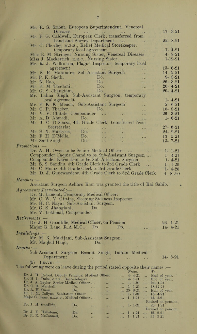 Mr. E. S. Smout, European Superintendent, Venereal Diseases Mr. F. G. Caldwell, European Clerk; transferred from Land and Survey Department Mr. C. Chorley, m.p.s., Relief Medical Storekeeper, temporary local agreement Miss E. M. Stringer, Nursing Sister, Venereal Diseases Miss J. Mackertich, r.r.c., Nursing Sister ... Mr. R. J. Wilkinson, Plague Inspector, temporary local agreement Mr. S. R. Mahindra, Sub-Assistant Surgeon Mr. P. K. Shetli, Do. Mr. N. Rao, Do. Mr. H. M. Thadani, Do. Mr. G. S. Jhangiani, Do. Mr. Lahna Singh, Sub-Assistant Surgeon, temporary local agreement Mr. P. K. K. Menon, Sub-Assistant Surgeon Mr. C. P. Thacker, Do. Mr. V. V. Chitale, Compounder Mr. A. D. Ahmedi, Do. Mr. J. C. D’Souza, 4th Grade Clerk, transferred from Secretariat Mr. S. X. Martyris, Do. Mr. F. H. D’Mello, Do. Mr. Sant Singh, Do. Promotions :— Dr. A. H. Owen to be Senior Medical Officer Compounder Faquir Chand to be Sub-Assistant Surgeon ... Compounder Karm Dad to be Sub-Assistant Surgeon Mr. S. S. Sandhu, 4th Grade Clerk to 3rd Grade Clerk Mr. C. Moniz, 4th Grade Clerk to 3rd Grade Clerk Mr. D. J. Gunewardene. 4th Grade Clerk to 3rd Grade Clerk 17- 3-21 22- 8-21 1- 4-21 4- 8-21 1-12-21 13- 6-21 14- 2-21 9- 3-21 26- 3-21 20- 4-21 20- 4-21 1- 4-21 2- 6-21 10- 8-21 26- 3-21 1- 6-21 27- 6-21 24- 2-21 13- 5-21 13- 7-21 1- 1-21 1- 4-21 1- 4-21 1- 4-20 1- 4-20 4- 8 -20 Honours :— Assistant Surgeon Achhru Ram was granted the title of Rai Sahib. A greements Terminated :— Dr. M. Lamont, Temporary Medical Officer. Mr. C. W. V. Gittins, Sleeping Sickness Inspector. Mr. H. C. Nayar, Sub-Assistant Surgeon. Mr. G. S. Jhangiani, Do. Mr. V. Lokhmal, Compounder. Retirements m_ Dr. J. H Goodliffe, Medical Officer, on Pension ... 26- 1-21 Major G. Lane, R.A.M.C., Do. Do.. ... 14- 4-21 Invalidings :— Mr. M. K. Makijani, Sub-Assistant Surgeon. Mr. Maqbul Haqq, Do. Deaths :— Sub-Assistant Surgeon Basant Singh, Indian Medical Department ... ... ... ... 14- 8-21 (5) Leave :— The following were on leave during the period stated opposite their names — Dr. J. H. Reford, Deputy Principal Medical Officer Dr. H. L. Duke, g.b.e., Bacteriologist Dr. J. A. Taylor, Senior Medical Officer ... Dr. C. H. Marshall, Do. Dr. A. H. Owen, Do. Dr. J. M. Collyns, Sanitation Officer Major G-. Lane, r.a.m.c., Medical Officer ... Dr. J. H. Goodliffe, Do. Dr. J. E. Hailstone, Do. Dr. R. E. McConnell, Do. From. ... 4- 4-21' ... 4- 5-21 ... 1- 1-21 ... 1- 1-21 ... 20- 8-21 ... 1- 1-21 ... 1- 1-21 ... 1- 1-21 ... 1- i-21 ... 1- 1-21 To. . End of year. End of year. .• 24- 1-21 . 18-12-21 . End of year . 16- 4-21 . 14- 4-21 Retired on pension. . 26- 1-21 Retired on pension. . 12- 2-21 . 81- 3-21