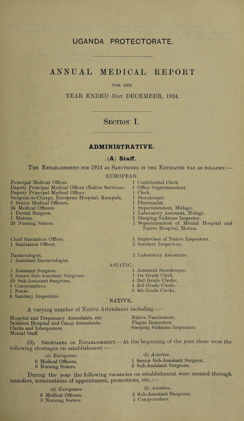 ANNUAL MEDICAL DEPORT FOR THE YEAR ENDED 31st DECEMBER, 1924. Section I. ADMINISTRATIVE. (A) Staff. The Establishment foe 1924 as Sanctioned in the Estimates was as follows :— EUROPEAN. Principal Medical Officer. Deputy Principal Medical Officer (Native Services). Deputy Principal Medical Officer. Surgeon-in-Charge, European Hospital, Kampala. 6 Senior Medical Officers. ‘24 Medical Officers. 1 Dental Surgeon. 1 Matron. 20 Nursing Sisters. Chief Sanitation Officer. 1 Sanitation Officer. 1 Confidential Clerk. 1 Office Superintendent. 1 Clerk. 1 Storekeeper. 1 Pharmacist. 1 Superintendent, Mulago. 1 Laboratory Assistant, Mulago. 1 Sleeping Sickness Inspector. 1 Superintendent of Mental Hospital and Native Hospital, Hoima. 1 Supervisor of Native Inspectors. 2 Sanitary Inspectors. 2 Laboratory Assistants. ASIATIC. Bacteriologist. I Assistant Bacteriologist. 1 Assistant Surgeon. 2 Senior Sub-Assistant Surgeons. 23 Sub-Assistant Surgeons. 6 Compounders. 1 Nurse. 4 Sanitary Inspectors. 1 Assistant Storekeeper. 1 1st Grade Clerk. 4 2nd Grade Clerks. 4 3rd Grade Clerks. 3 4th Grade Clerks. NATIVE. A varying number of Native Attendants including:— Hospital and Dispensary Attendants, etc. Native Vaccinators. Isolation Hospital and Camp Attendants. Plague Inspectors. Clerks and Interpreters. Sleeping Sickness Inspectors. Menial Staff. (2). Shortages on Establishment.—At the beginning of the year there were the following shortages on establishment:— (a) Europeans. (b) Asiatics. 8 Medical Officers. 1 Senior Sub-Assistant Surgeon. 9 Nursing Sisters. 2 Sub-Assistant Surgeons. During the year the following vacancies on establishment were created through transfers, terminations of appointment, promotions, etc.:— (a) Europeans. (b) Asiatics. 6 Medical Officers. 2 Sub-Assistant Surgeons. 3 Nursing Sisters. 2 Compounders.