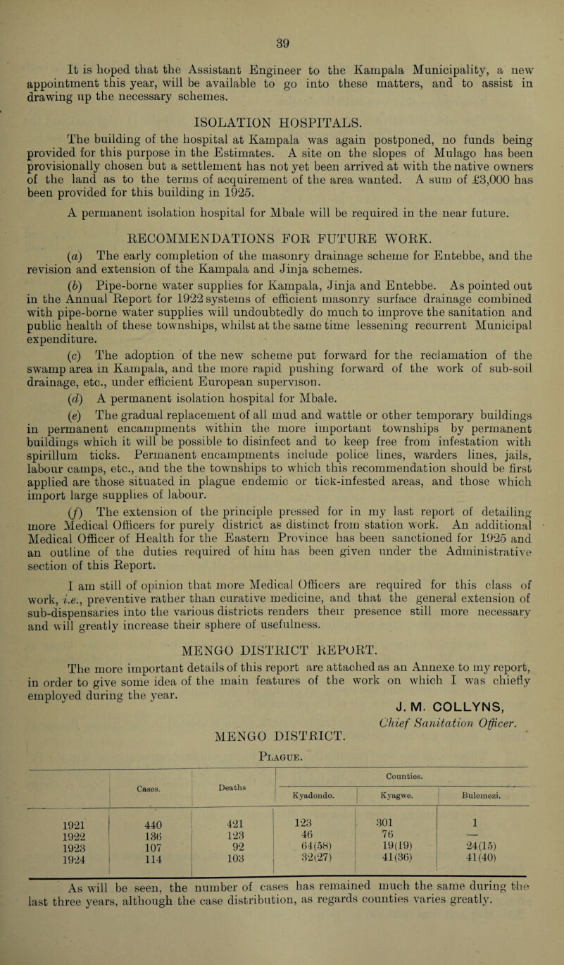 It is hoped that the Assistant Engineer to the Kampala Municipality, a new appointment this year, will be available to go into these matters, and to assist in drawing up the necessary schemes. ISOLATION HOSPITALS. The building of the hospital at Kampala was again postponed, no funds being provided for this purpose in the Estimates. A site on the slopes of Mulago has been provisionally chosen but a settlement has not yet been arrived at with the native owners of the land as to the terms of acquirement of the area wanted. A sum of T3,000 has been provided for this building in 1925. A permanent isolation hospital for Mbale will be required in the near future. RECOMMENDATIONS FOB FUTURE WORK. (a) The early completion of the masonry drainage scheme for Entebbe, and the revision and extension of the Kampala and Jinja schemes. (b) Pipe-borne water supplies for Kampala, Jinja and Entebbe. As pointed out in the Annual Report for 1922 systems of efficient masonry surface drainage combined with pipe-borne water supplies will undoubtedly do much to improve the sanitation and public health of these townships, whilst at the same time lessening recurrent Municipal expenditure. (c) The adoption of the new scheme put forward for the reclamation of the swamp area in Kampala, and the more rapid pushing forward of the work of sub-soil drainage, etc., under efficient European supervison. (d) A permanent isolation hospital for Mbale. (e) The gradual replacement of all mud and wattle or other temporary buildings in permanent encampments within the more important townships by permanent buildings which it will be possible to disinfect and to keep free from infestation with spirillum ticks. Permanent encampments include police lines, warders lines, jails, labour camps, etc., and the the townships to which this recommendation should be first applied are those situated in plague endemic or tick-infested areas, and those which import large supplies of labour. (f) The extension of the principle pressed for in my last report of detailing more Medical Officers for purely district as distinct from station work. An additional Medical Officer of Health for the Eastern Province has been sanctioned for 1925 and an outline of the duties required of him has been given under the Administrative section of this Report. I am still of opinion that more Medical Officers are required for this class of work, i.e., preventive rather than curative medicine, and that the general extension of sub-dispensaries into the various districts renders their presence still more necessary and will greatly increase their sphere of usefulness. MENGO DISTRICT REPORT. The more important details of this report are attached as an Annexe to my report, in order to give some idea of the main features of the work on which I was chiefly employed during the year. J.M. COLLYNS, Chief Sanitation Officer. MENGO DISTRICT. Plague. Cases. Deaths Counties. Kyadondo. Kyagwe. Bulemezi. 1921 440 421 123 301 1 1922 13(5 123 46 76 — 1923 107 92 64(58) 19(19) 24(15) 1924 114 103 32(27) 41(36) 41(40) As will be seen, the number of cases has remained much the same during the last three years, although the case distribution, as regards counties varies greatly.