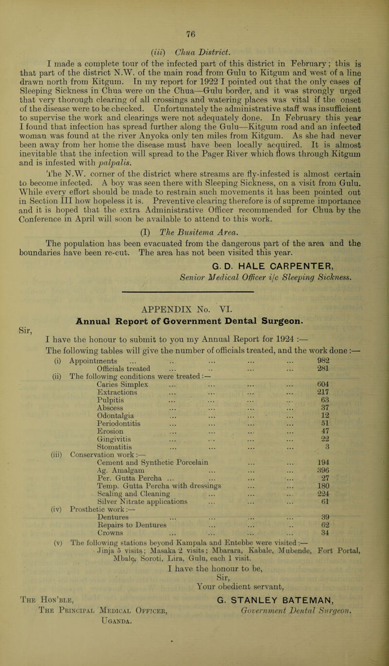 (Hi) Chua District. I made a complete tour of the infected part of this district in February; this is that part of the district N.W. of the main road from Gulu to Kitgum and west of a line drawn north from Kitgum. In my report for 1922 I pointed out that the only cases of Sleeping Sickness in Chua were on the Chua—Gulu border, and it was strongly urged that very thorough clearing of all crossings and watering places was vital if the onset of the disease were to be checked. Unfortunately the administrative staff was insufficient to supervise the work and clearings were not adequately done. In February this year I found that infection has spread further along the Gulu—Kitgum road and an infected woman was found at the river Anyoka only ten miles from Kitgum. As she had never been away from her home the disease must have been locally acquired. It is almost inevitable that the infection will spread to the Pager River which flows through Kitgum and is infested with paljpalis. The N.W. corner of the district where streams are fly-infested is almost certain to become infected. A boy was seen there with Sleeping Sickness, on a visit from Gulu. While every effort should be made to restrain such movements it has been pointed out in Section III how hopeless it is. Preventive clearing therefore is of supreme importance and it is hoped that the extra Administrative Officer recommended for Chua by the Conference in April will soon be available to attend to this work. (I) The Busitema Area. The population has been evacuated from the dangerous part of the area and the boundaries have been re-cut. The area has not been visited this year. G. D. HALE CARPENTER, Senior Medical Otjhcer ijc Sleeping Sickness. Sir, APPENDIX No. VI. Annual Report of Government Dental Surgeon. I have the honour to submit to you my Annual Report for 1924 :— The following tables will give the number of officials treated, and the work done :— (i) Appointments Officials treated (ii) The following conditions were treated : — Caries Simplex Extractions Pulpitis Abscess Odontalgia Periodontitis Erosion Gingivitis Stomatitis (iii) Conservation work :— Cement and Synthetic Porcelain Ag. Amalgam Per. Gutta Percha ... Temp. Gntta Percha with dressings Scaling and Cleaning Silver Nitrate applications (iv) Prosthetic work :— Dentures Repairs to Dentures Crowns 982 281 604 217 63 37 12 51 47 22 3 194 396 27 180 224 61 39 62 34 (v) The following stations beyond Kampala and Entebbe were visited:— Jinja 5 visits; Masaka 2 visits; Mbarara, Kabale, Mubende, Fort Portal, Mbalqs Soroti, Lira, Gulu, each 1 visit. I have the honour to be, Sir, Your obedient servant, The Hon’ble, The Principal Medical Officer, Uganda. G. STANLEY BATEMAN, Government Dental Surgeon.