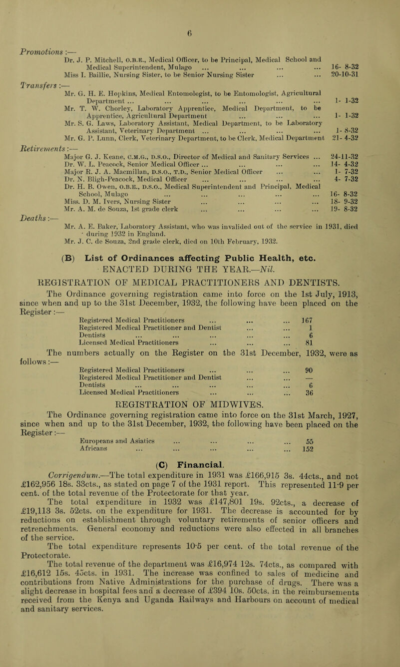 Promotions :— Dr. J. P. Mitchell, O.B.E., Medical Officer, to be Principal, Medical School and Medical Superintendent, Mulago ... ... ... ... 16- 8-32 Miss I. Baillie, Nursing Sister, to be Senior Nursing Sister ... ... 20-10-31 Transfers :— Mr. G. H. E. Hopkins, Medical Entomologist, to be Entomologist, Agricultural Department ... ... ... ... ... ... 1- 1-32 Mr. T. W. Chorley, Laboratory Apprentice, Medical Department, to be Apprentice, Agricultural Department ... ... ... 1- 1-32 Mr. S. G. Laws, Laboratory Assistant, Medical Department, to be Laboratory Assistant, Veterinary Department ... ... ... ... 1- 8-32 Mr. G. P. Lunn, Clerk, Veterinary Department, to be Clerk, Medical Department 21- 4-32 Retirements:— Major G. J. Keane, O.M.G., D.S.O., Director of Medical and Sanitary Services ... 24-11-32 Dr. W. L. Peacock, Senior Medical Officer ... ... ... ... 14- 4-32 Major R. J. A. Macmillan, D.S.O., T.D., Senior Medical Officer ... ... 1- 7-32 Dr. N. Bligh-Peacock, Medical Officer ... ... ... ... 4- 7-32 Dr. H. B. Owen, O.B.E., D.S.O., Medical Superintendent and Principal, Medical School, Mulago ... ... ... ... ... 16- 8-32 Miss. D. M. Ivers, Nursing Sister ... ... ... ... 18- 9-32 Mr. A. M. de Souza, 1st grade clerk ... ... ... ... 19- 8-32 Deaths:— Mr. A. E. Baker, Laboratory Assistant, who was invalided out of the service in 1931, died ' during 1932 in England. Mr. J. C. de Souza, 2nd grade clerk, died on 10th February, 1932. (B) List of Ordinances affecting Public Health, etc. ENACTED DURING THE YEAR.—Nil. REGISTRATION OF MEDICAL PRACTITIONERS AND DENTISTS. The Ordinance governing registration came into force on the 1st July, 1913, since when and up to the 31st December, 1932, the following have been placed on the Register:— Regisfpred Medical Practitioners • • • ... 167 Registered Medical Practitioner and Dentist • • • 1 Dentists • • • ... 6 Licensed Medical Practitioners • • • 81 The numbers actually on the Register on the 31st December, 1932, were as follows:— Registered Medical Practitioners Registered Medical Practitioner and Dentist Dentists ... ... ... ... Licensed Medical Practitioners REGISTRATION OF MIDWIVES. The Ordinance governing registration came into force on the 31st March, 1927, since when and up to the 31st December, 1932, the following have been placed on the Register:— Europeans and Asiatics ... ... ... ... 55 Africans ... ... ... ... ... 152 90 6 36 (C) Financial. Corrigendum.—The total expenditure in 1931 was £166,915 3s. 44cts., and not £162,956 18s. 33cts., as stated on page 7 of the 1931 report. This represented 11*9 per cent, of the total revenue of the Protectorate for that year. The total expenditure in 1932 was £147,801 19s. 92cts., a decrease of £19,113 3s. 52cts. on the expenditure for 1931. The decrease is accounted for by reductions on establishment through voluntary retirements of senior officers and retrenchments. General economy and reductions were also effected in all branches of the service. The total expenditure represents 10-5 per cent, of the total revenue of the Protectorate. The total revenue of the department was £16,974 12s. 74cts., as compared with £16,612 15s. 45cts. in 1931. The increase was confined to sales of medicine and contributions from Native Administrations for the purchase of drugs. There was a slight decrease in hospital fees and a decrease of £394 10s. 50cts. in the reimbursements received from the Kenya and Uganda Railways and Harbours on account of medical and sanitary services.