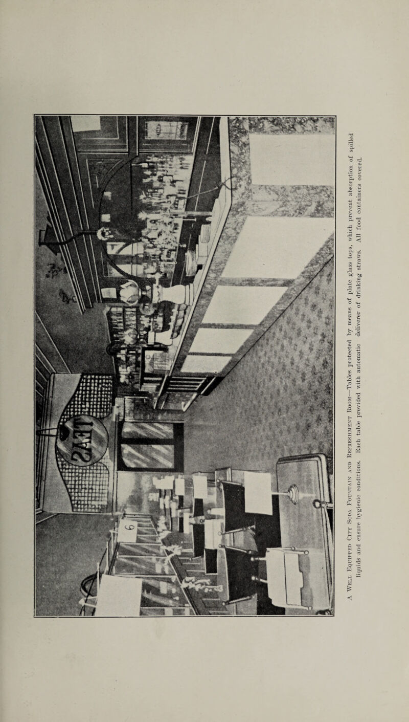 A Well Equipped City Soda Fountain and Refreshment Room—Tables protected by means of plate glass tops, which prevent absorption of spilled liquids and ensure hygienic conditions. Each table provided with automatic deliverer of drinking straws. All food containers covered.