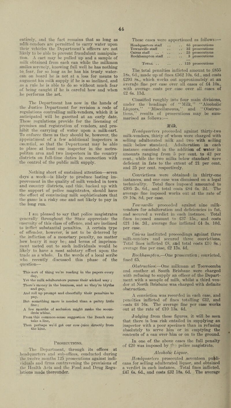 44 entirely, and the fact remains that so long as milk-vendors are permitted to carry water upon their vehicles the Department’s officers are not likely to be able to prevent fraudulent manipula¬ tion. A cart may be pulled up and a sample of milk obtained from each can while the milkman smiles serenely, knowing full well he has nothing to fear, for so long as he lias his trusty water- can on board he is not at a loss for means to augment his milk supply if he is so inclined, and as a rule he is able to do so without much fear of being caught if he is careful how and when lie performs the act. The Department has now in the hands of the Justice Department for revision a code of regulations controlling milk-vendors, which it is anticipated will be gazetted at an early date. These regulations provide for the licensing of premises and registration of vendors, and pro¬ hibit the carrying of water upon a milk-cart. To enforce them as they should be, however, the appointment of a few additional inspectors is essential, so that the Department may be able to place at least one inspector in the metro¬ politan area and two inspectors in the country districts on full-time duties in connection with the control of the public milk supply. Nothing short of sustained attention—seven days a week—is likely to produce lasting im¬ provement in the quality of milk vended in town and country districts, and this, backed up with the support of police magistrates, should have the effect of convincing milk sophisticators that tiie game is a risky one and not likely to pay in the long run. I am pleased to say that police magistrates generally throughout the State appreciate the enormity of this class of offence, and are inclined to inflict substantial penalties. A certain type of offender, however, is not to be deterred by the infliction of a monetary penalty, no matter how heavy it may be; and terms of imprison¬ ment meted out to such individuals would be likely to have a most salutary effect upon the trade as a whole. In the words of a local scribe who recently discussed this phase of the question— This sort of thing we’re reading in the papers every day. Yet the milk adulterators pursue their wicked way ; There’s money in the business, and so they’re blythe and gay, And roll up prompt and cheerfully their penalties to pay. But something more is needed than a paltry little fine ; A few months of seclusion might make the scoun¬ drels whine. From this common-sense suggestion the Bench may take a line, Then perhaps we’d get our cow-juice directly from the kine. Prosecutions. The Department, through its offices at headquarters and sub-offices, conducted during the twelve months 125 prosecutions against indi¬ viduals and firms contravening the provisions of the Health Acts and the Food and Drug Regu¬ lations made thereunder. These eases were apportioned as follows:—a Headquarters staff Townsville staff Cairns staff .. • Rockhampton staff Total .. 65 prosecutions .. 32 prosecutions 25 prosecutions .. 3 prosecutions .. 125 prosecutions The total penalties inflicted amount to £855 18s. 6d., made up of fines £562 10s. 6d., and costs £298 8s., which works out approximately at an average fine per case over all cases of £4 10s., with average costs per case over all cases of £2 6s. lid. Classified roughly into four main divisions, under the headings of ‘‘Milk,” “Alcoholic' Liquors,” “Miscellaneous,” and “Obstruc¬ tions,” results of prosecutions may be sum¬ marised as follows:— Milk. Headquarters, proceeded against thirty-two milk-vendors, thirty of whom were charged with selling adulterated milk and two with selling milk below standard. Adulteration in each instance consisted in the addition of water in amounts ranging from 5 per cent, to 42 per cent., while the two milks below standard were deficient in fats to the extent of 21 per cent, and 25 per cent, respectively. Convictions were obtained in thirty-one instances, and one case was dismissed on a legal technicality. Total fines imposed amounted to £305 2s. 6d., and total costs £84 6s. 2d. The average fine imposed works out at the rate of £9 10s. 8d. per case. Townsville proceeded against nine milk- vendors for adulteration and deficiencies in fat, and secured a verdict in each instance. Total fines imposed amount to £37 15s., and costs £21 14s. 2d., average fine inflicted £4 3s. lOd. per case. Cairns instituted proceedings against three milk-vendors and secured three convictions. Total fines inflicted £8, and total costs £10 8s.; average fine per case, £2 13s. 4d. Rockhampton.—One prosecution; convicted, fined £5. Obstruction!.—One milkman at Toowoomba and another at South Brisbane were charged with refusing to supply an officer of the Depart¬ ment with a sample of milk, whilst a third ven¬ dor at North Brisbane was charged with definite obstruction. A conviction was recorded in each case, and penalties inflicted of fines totalling £32, and costs £6 16s. The average fine per case works out at the rate of £10 13s. 4d. Judging from these figures, it will be seen that there is less risk entailed in supplying an inspector with a poor specimen than in refusing absolutely to serve him or in emptying the contents of a can over him or on to the ground. In one of the above cases the full penalty of £20 was imposed by the police magistrate. Alcoholic Liquor. Headquarters prosecuted seventeen publi¬ cans for selling adulterated liquor, and obtained a verdict in each instance. Total fines inflicted, £47 6s. 6d., and costs £32 18s. 6d. The average