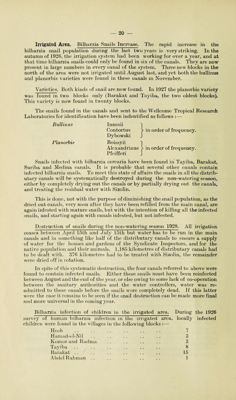 Irrigated Area. Bilharzia Snails Increase. The rapid increase in the bilharzia snail population during the last two years is very striking. In the autumn of 1926. the irrigation system had been working for over a year, and at that time bilharzia snails could only be found in six of the canals. They are now present in large numbers in every canal of the system. Three new blocks in the north of the area were not irrigated until August last, and yet both the bullinue and planorbis varieties were found in these canals in November. Varieties. Both kinds of snail are now found. In 1927 the planorbis variety was found in two blocks only (Barakat and Tayiba, the two oldest blocks). This variety is now found in twenty blocks. The snails found in the canals and sent to the Wellcome Tropical Research Laboratories for identification have been indentified as follows :— Bullinus Planorbis Innesii Contortus Dybowski Boissvii K/ Alexandrinus Pfeifferi * in order of frequency. * in order of frequency. Snails infected with bilharzia cercaria have been found in Tayiba, Barakat, Suriba and Medina canals. It is probable that several other canals contain infected bilharzia snails. To meet this state of affairs the snails in all the distrib¬ utary canals will be systematically destroyed during the non-watering season, either by completely drying out the canals or by partially drying out the canals, and treating the residual water with Sizolin. This is done, not with the purpose of diminishing the snail population, as the dried out canals, very soon after they have been refilled from the main canal, are again infested with mature snails, but with the intention of killing all the infected snails, and starting again with canals infested, but not infected. Destruction of snails during the non-watering season 1928. All irrigation ceases between April 15th and July 15th but water has to be run in the main canals and in something like half of the distributary canals to ensure a supply of water for the houses and gardens of the Syndicate Inspectors, and for the native population and their animals. 1,185 kilometres of distributary canals had to be dealt with. 376 kilometres had to be treated with Sizolin, the remainder were dried off in rotation. In spite of this systematic destruction, the four canals referred to above were found to contain infected snails. Either these snails must have been reinfected between August and the end of the year, or else owing to some lack of co-operation between the sanitary authorities and the water controllers, water was re¬ admitted to these canals before the snails were completely dead. If this latter were the case it remains to be seen if the snail destruction can be made more final and more universal in the coming year. Bilharzia infection of children in the irrigated area. During the 1926 survey of human bilharzia infection m the irrigated area, locally infected children were found in the villages in the following blocks :— Hosh . . . . . . . . .. . . 7 Hamad-el-Nil . . . . . . . . . . 3 Komor and Radma . . . . .. .. 3 Tayiba . . . . . . . . .. .. 8 Barakat .. .. .. .. .. .. 15 Abdel Rahman . . . . . . . . .. 1