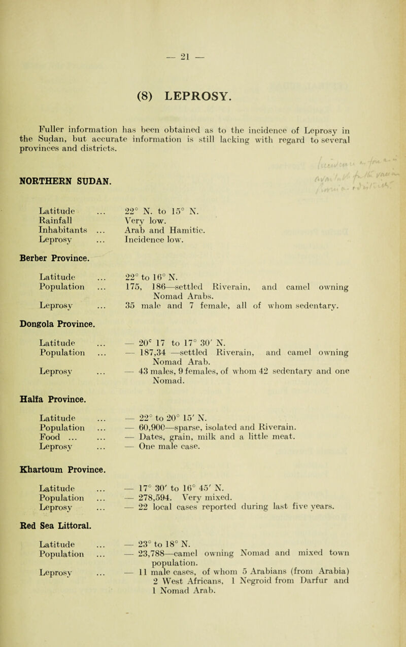 (8) LEPROSY. Fuller information has been obtained as to the incidence of Leprosy in the Sudan, but accurate information is still lacking with regard to several provinces and districts. NORTHERN SUDAN. Latitude Rainfall Inhabitants Leprosy Berber Province. Latitude Population Leprosy Dongola Province. Latitude Population Leprosy Haifa Province. Latitude Population Food ... Leprosy Khartoum Province. Latitude Population Leprosy Red Sea Littoral. Latitude Population Leprosy 22° N. to 15° N. Very low. Arab and Hamitic. Incidence low. 22° to 16° N. 175, 186—settled Riverain, and camel owning Nomad Arabs. 35 male and 7 female, all of whom sedentarv. — 20c 17 to 17° 30' N. — 187,34 —settled Riverain, and camel owning Nomad Arab. — 43 males, 9 females, of whom 42 sedentary and one Nomad. — 22° to 20° 15' N. — 60,900—sparse, isolated and Riverain. — Dates, grain, milk and a little meat. — One male case. — 17° 30' to 16° 45' N. — 278,594. Very mixed. — 22 local cases reported during last five years. — 23° to 18° N. — 23,788—camel owning Nomad and mixed town population. — 11 male cases, of whom 5 Arabians (from xArabia) 2 West Africans, 1 Negroid from Darfur and 1 Nomad Arab.